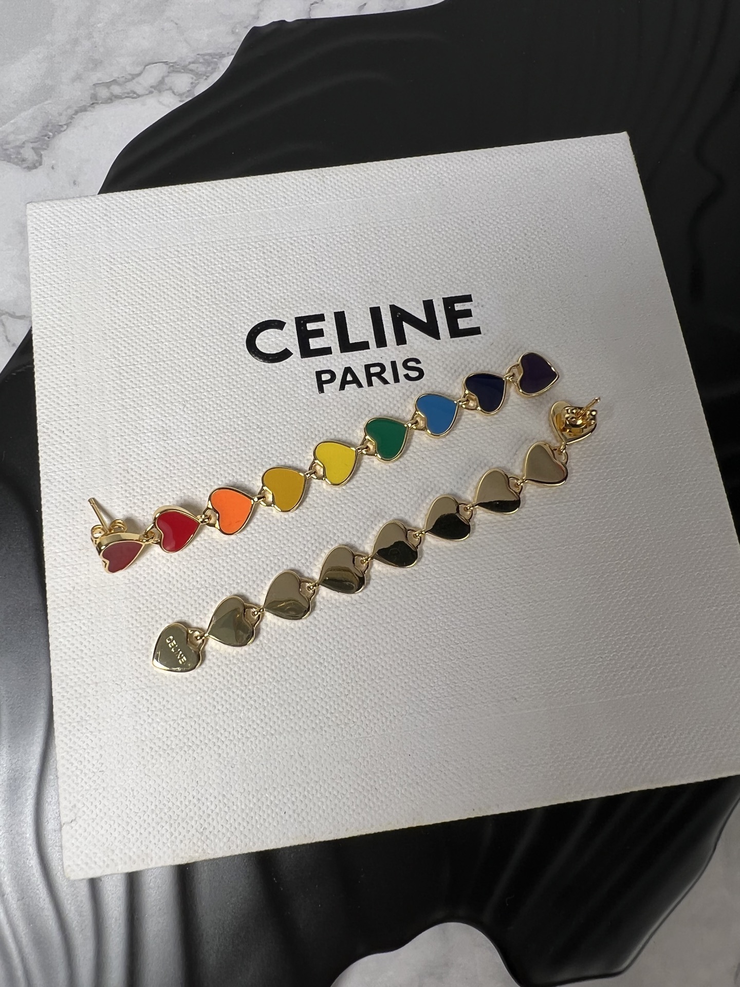 Celine YHED055 Rainbow Heart Drop Earrings earrings gold-tone metal with multicolor rainbow enamel hearts red orange yellow green blue navy purple 6 5cm drop length