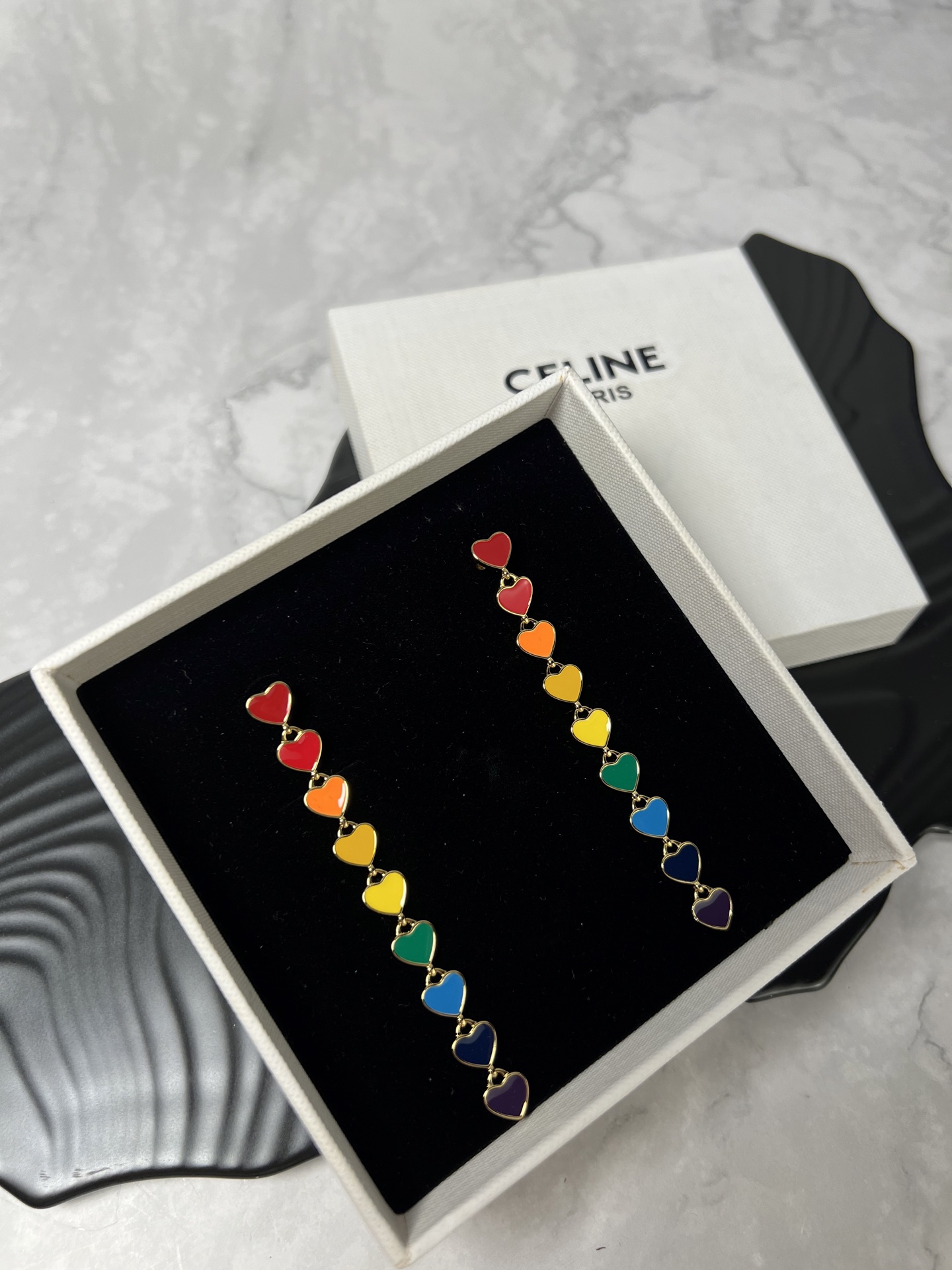 Celine YHED055 Rainbow Heart Drop Earrings earrings gold-tone metal with multicolor rainbow enamel hearts red orange yellow green blue navy purple 6 5cm drop length