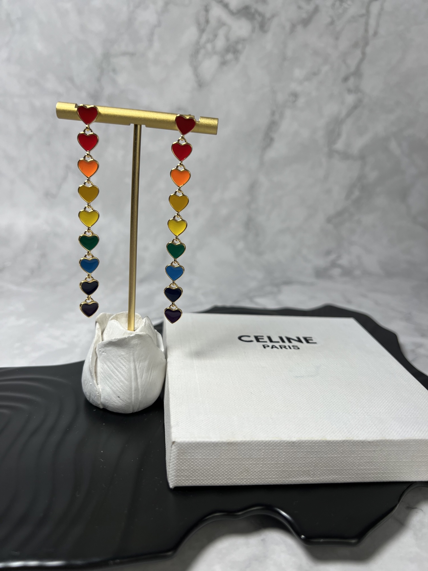 Celine YHED055 Rainbow Heart Drop Earrings earrings gold-tone metal with multicolor rainbow enamel hearts red orange yellow green blue navy purple 6 5cm drop length