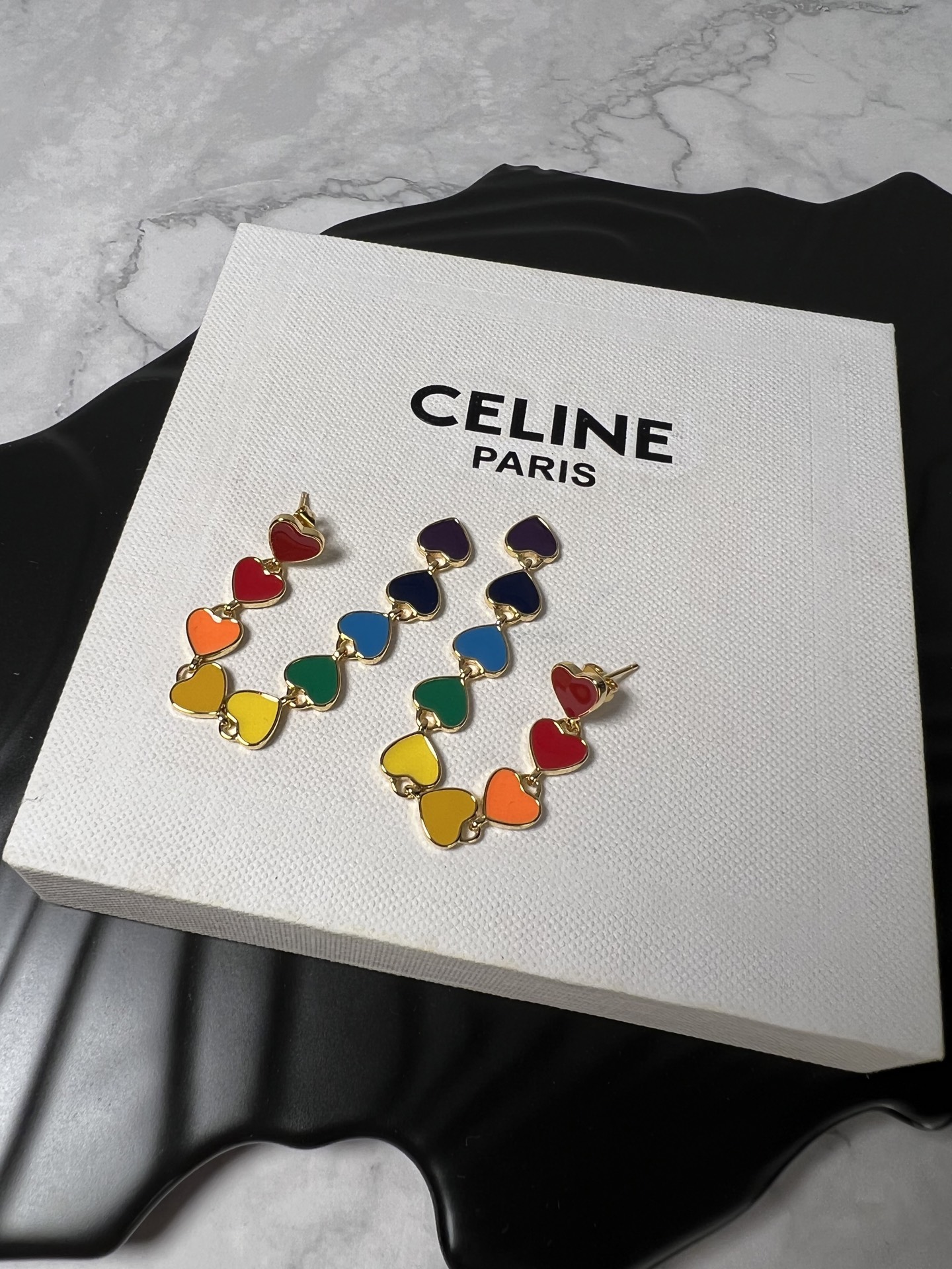 Celine YHED055 Rainbow Heart Drop Earrings earrings gold-tone metal with multicolor rainbow enamel hearts red orange yellow green blue navy purple 6 5cm drop length