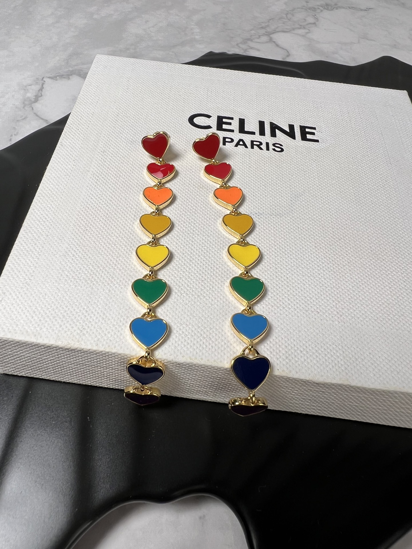 Celine YHED055 Rainbow Heart Drop Earrings earrings gold-tone metal with multicolor rainbow enamel hearts red orange yellow green blue navy purple 6 5cm drop length