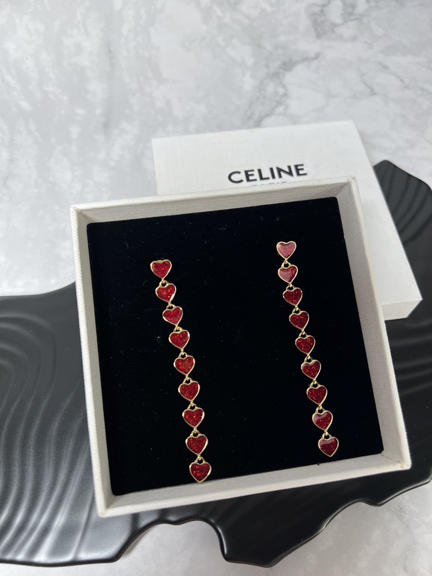 Celine YHED055 Glitter Heart Drop earrings gold-tone metal with glittery deep red enamel heart accents 6 5cm drop length