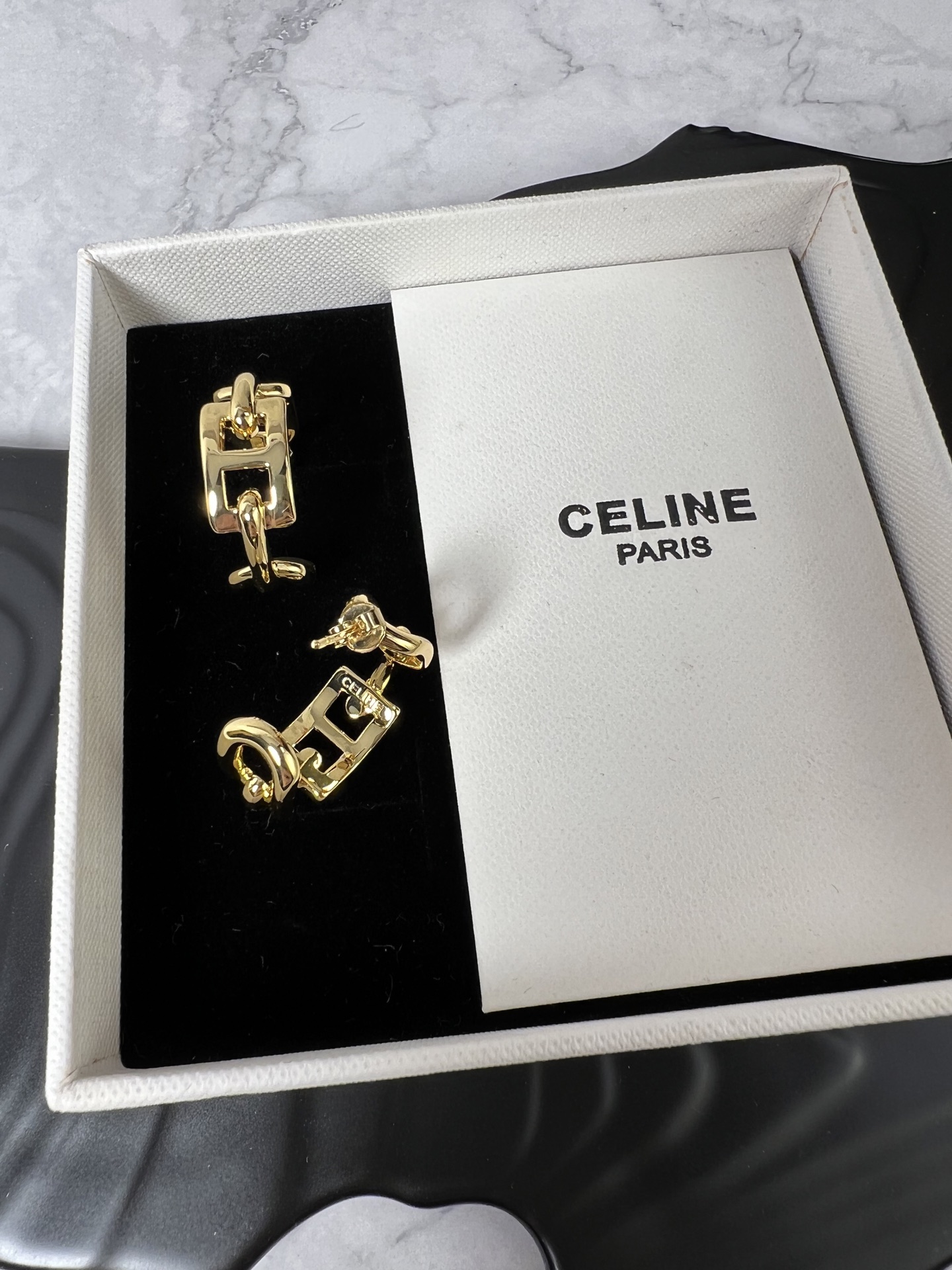 Celine Chain Link Hoop earrings gold tone metal no gemstones 2 5cm diameter