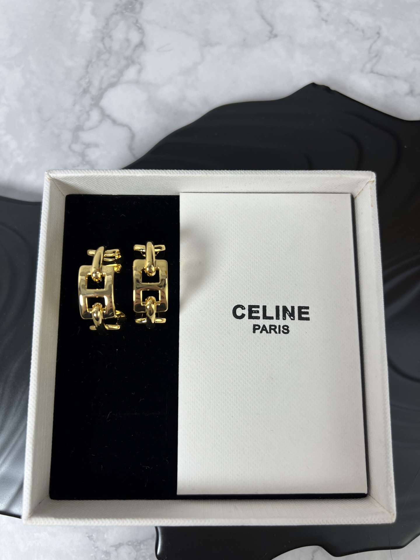 Celine Chain Link Hoop earrings gold tone metal no gemstones 2 5cm diameter