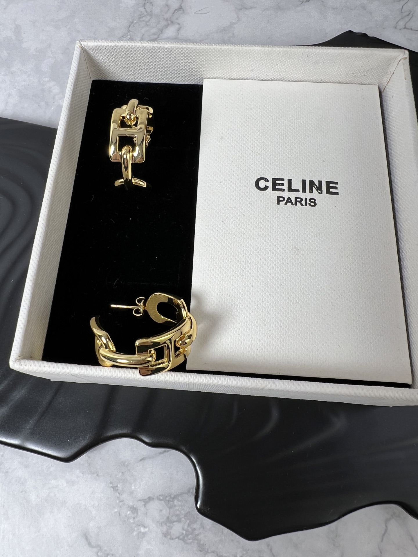 Celine Chain Link Hoop earrings gold tone metal no gemstones 2 5cm diameter