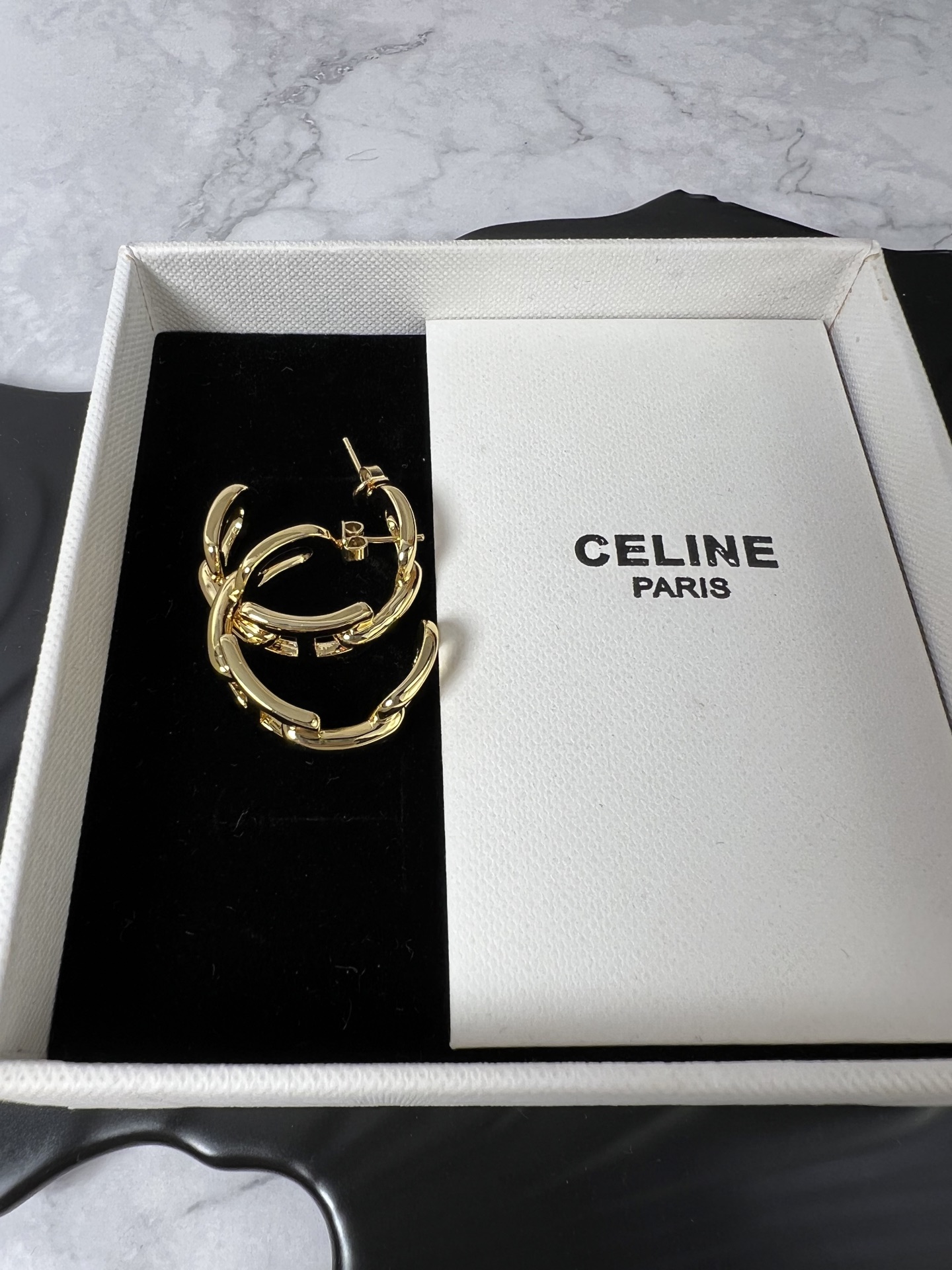 Celine Chain Link Hoop earrings gold tone metal no gemstones 2 5cm diameter