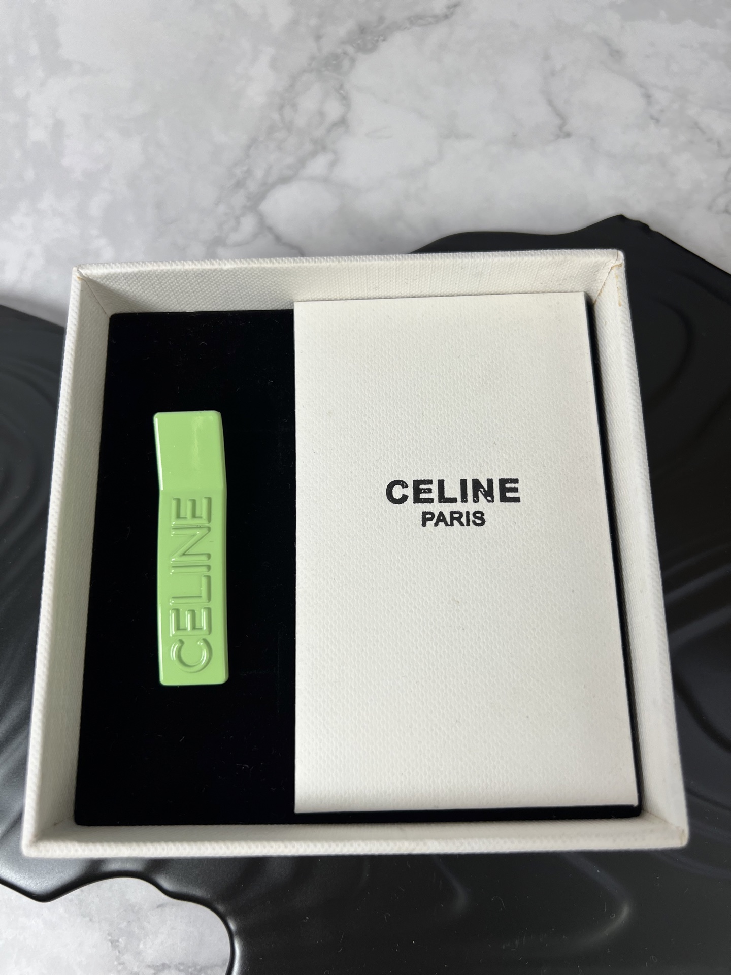 Celine YHFJ045 Embossed Logo Hair Clip Set brooch Enamel in fuchsia light pink light green light purple pale yellow with embossed matching-tone Celine logo 6cm per