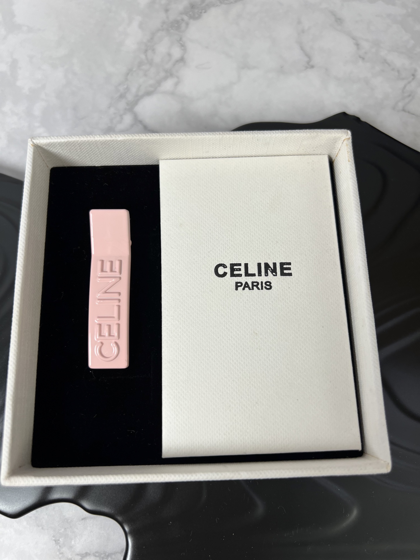 Celine YHFJ045 Embossed Logo Hair Clip Set brooch Enamel in fuchsia light pink light green light purple pale yellow with embossed matching-tone Celine logo 6cm per