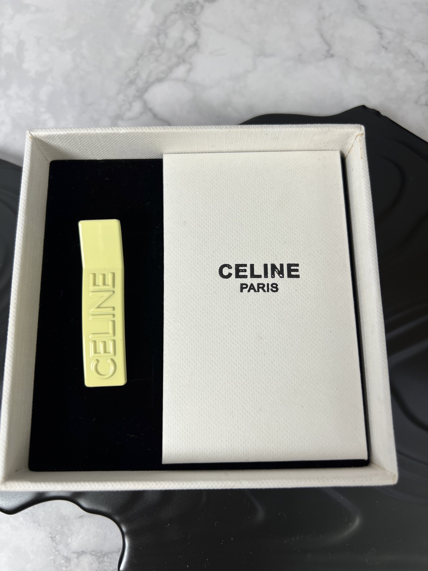 Celine YHFJ045 Embossed Logo Hair Clip Set brooch Enamel in fuchsia light pink light green light purple pale yellow with embossed matching-tone Celine logo 6cm per