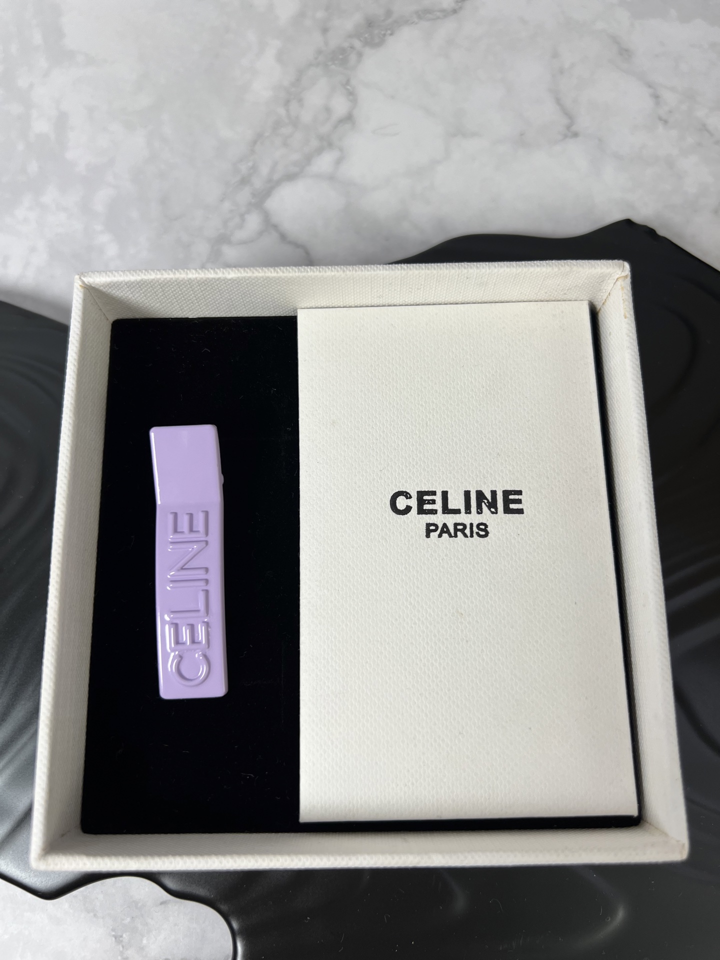 Celine YHFJ045 Embossed Logo Hair Clip Set brooch Enamel in fuchsia light pink light green light purple pale yellow with embossed matching-tone Celine logo 6cm per