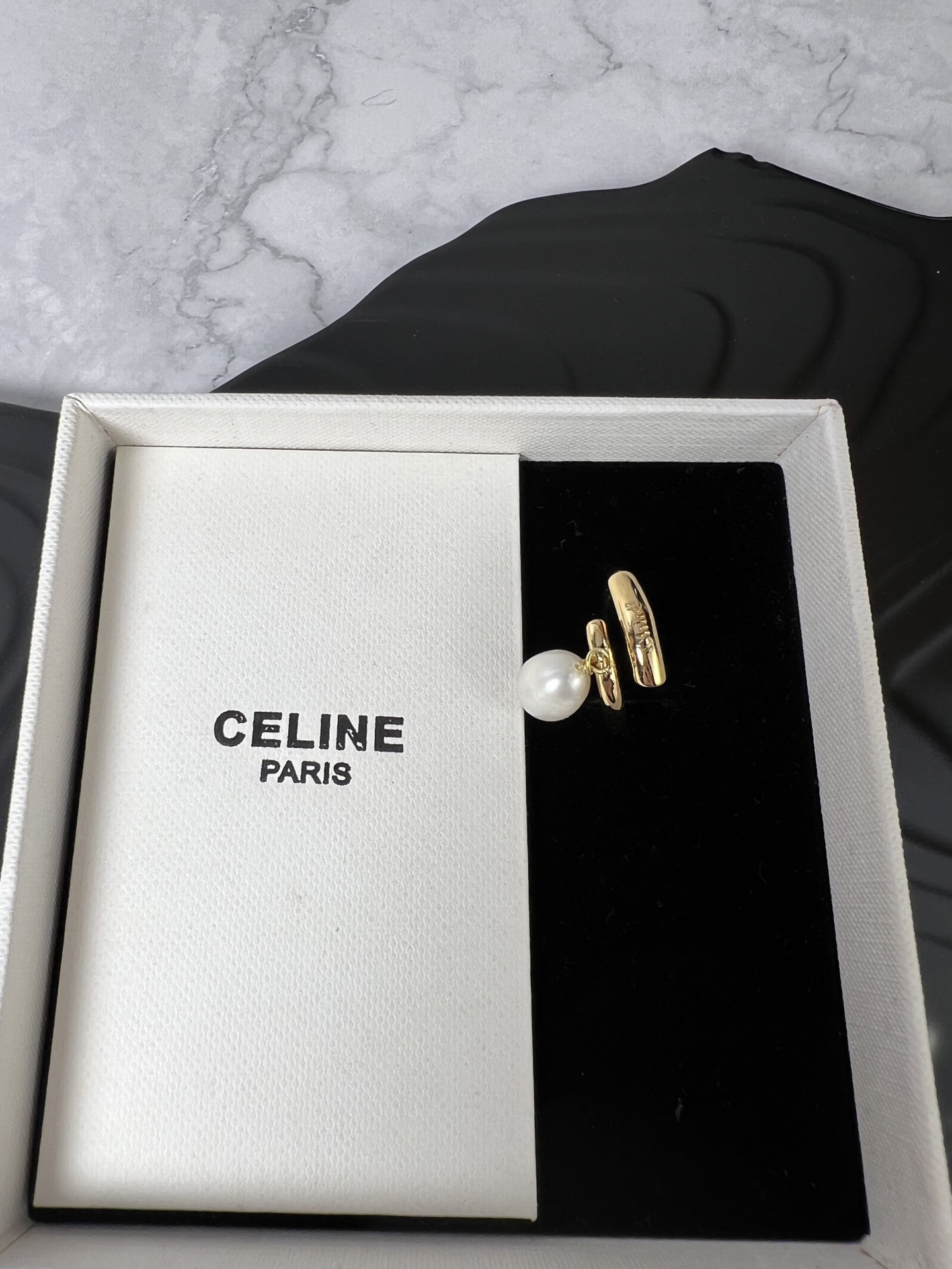 Celine Pearl Charm Open Ring ring Gold-tone metal with white freshwater pearl Adjustable US 6-7