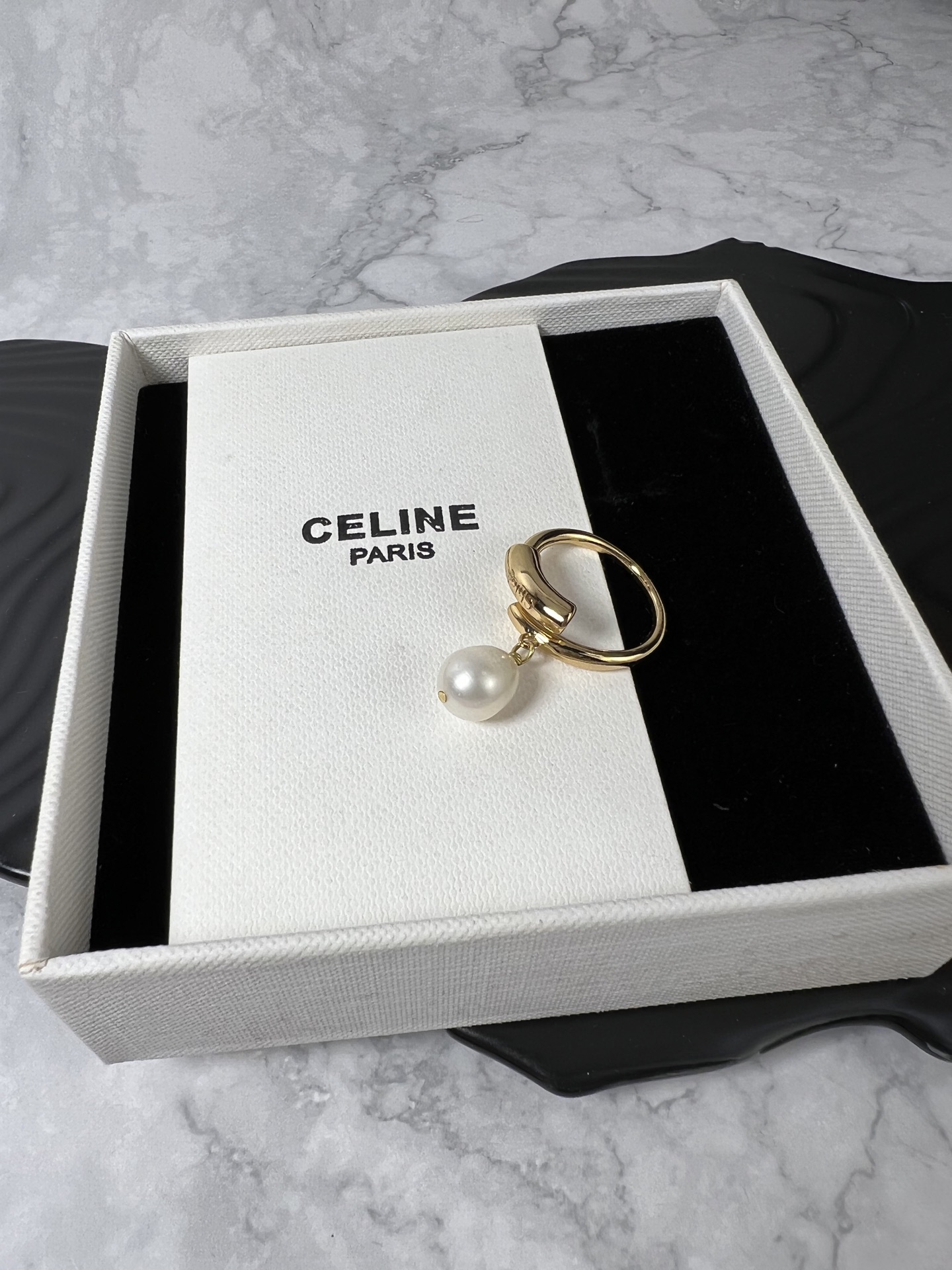 Celine Pearl Charm Open Ring ring Gold-tone metal with white freshwater pearl Adjustable US 6-7