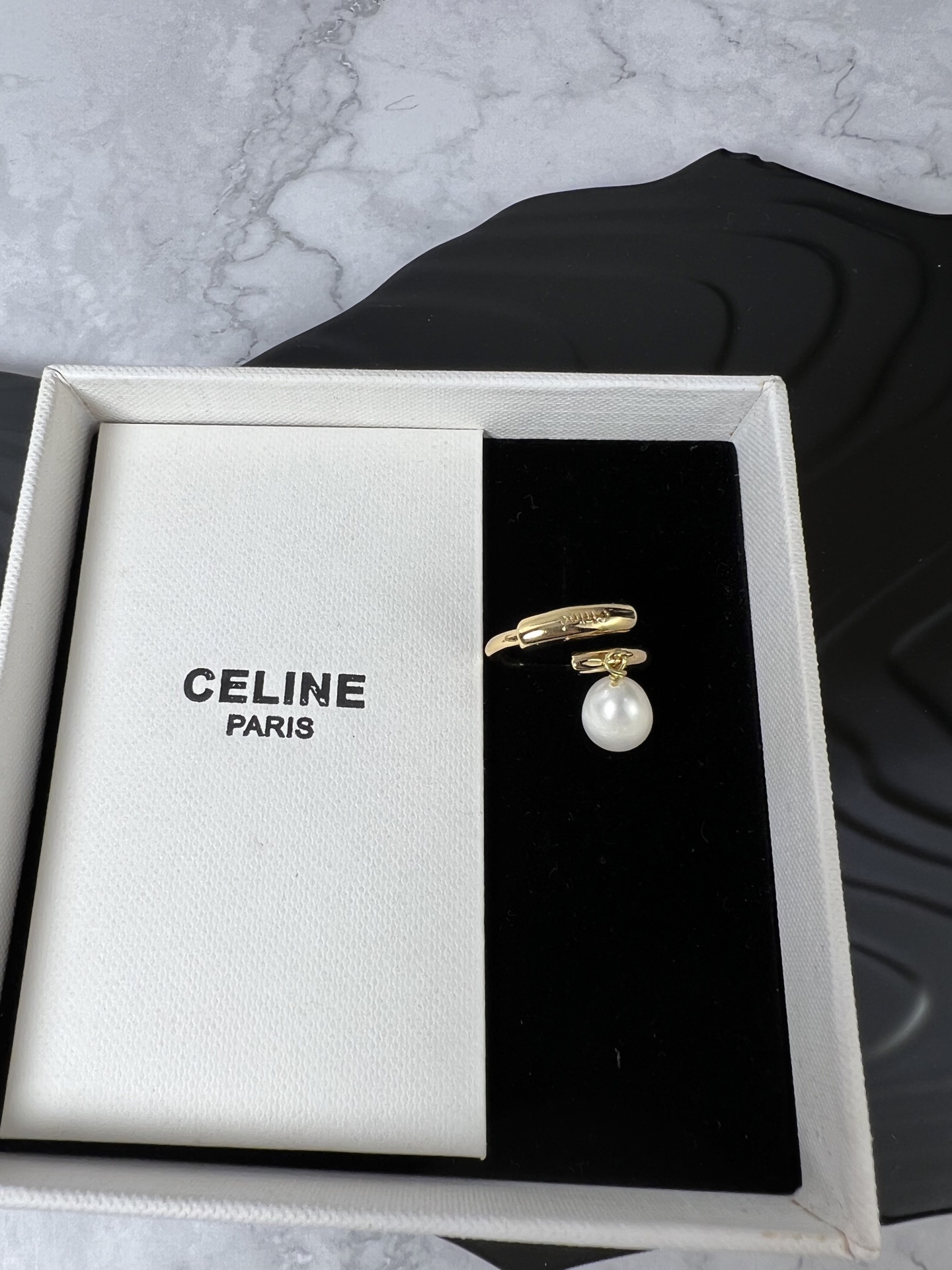 Celine Pearl Charm Open Ring ring Gold-tone metal with white freshwater pearl Adjustable US 6-7