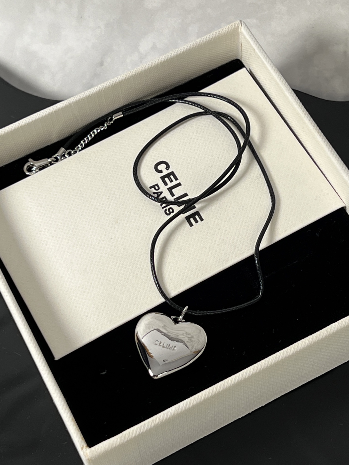 Celine Triomphe Puffy Heart necklace Silver-toned metal with black leather cord 45cm with 5cm extender