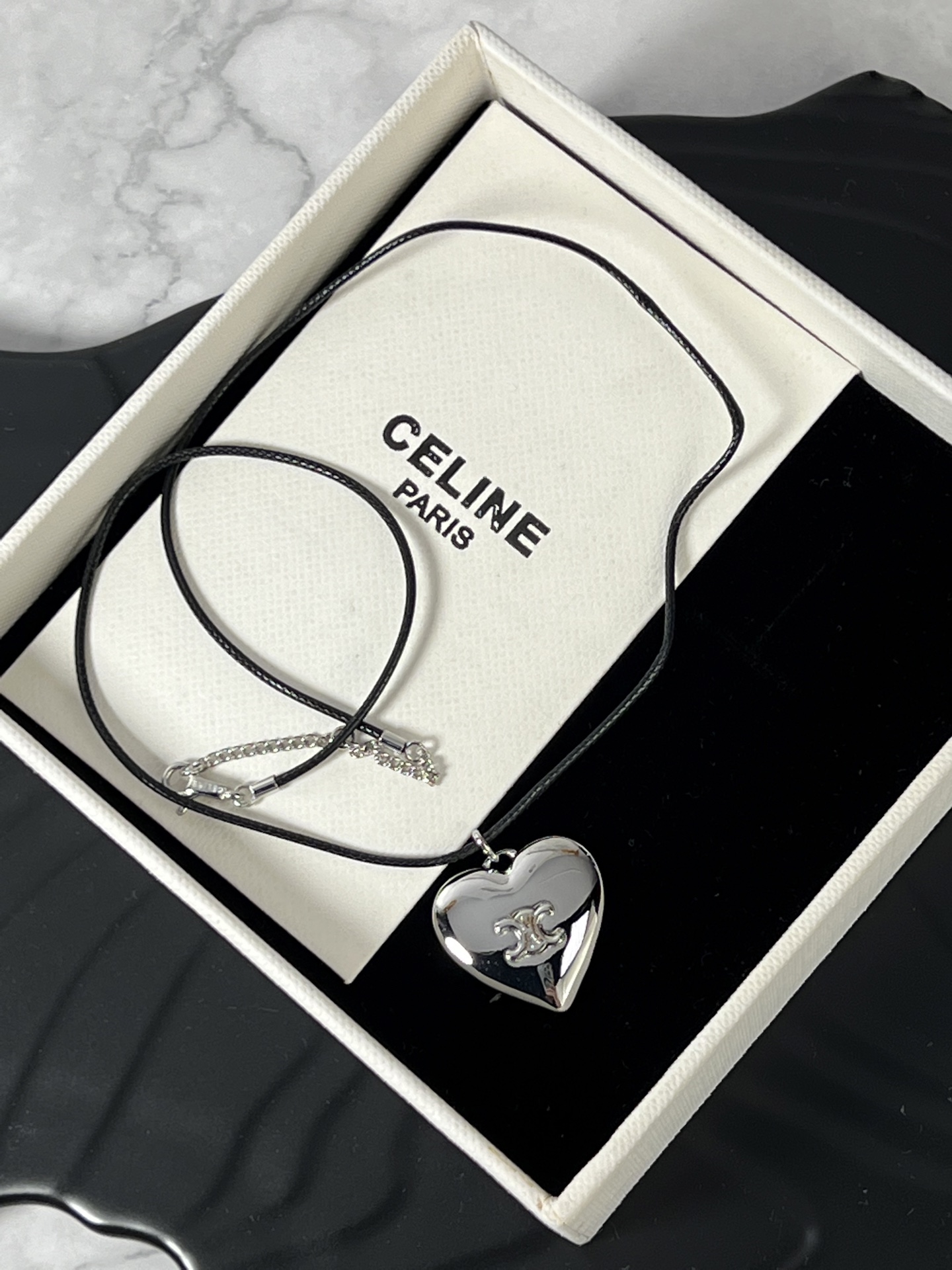 Celine Triomphe Puffy Heart necklace Silver-toned metal with black leather cord 45cm with 5cm extender