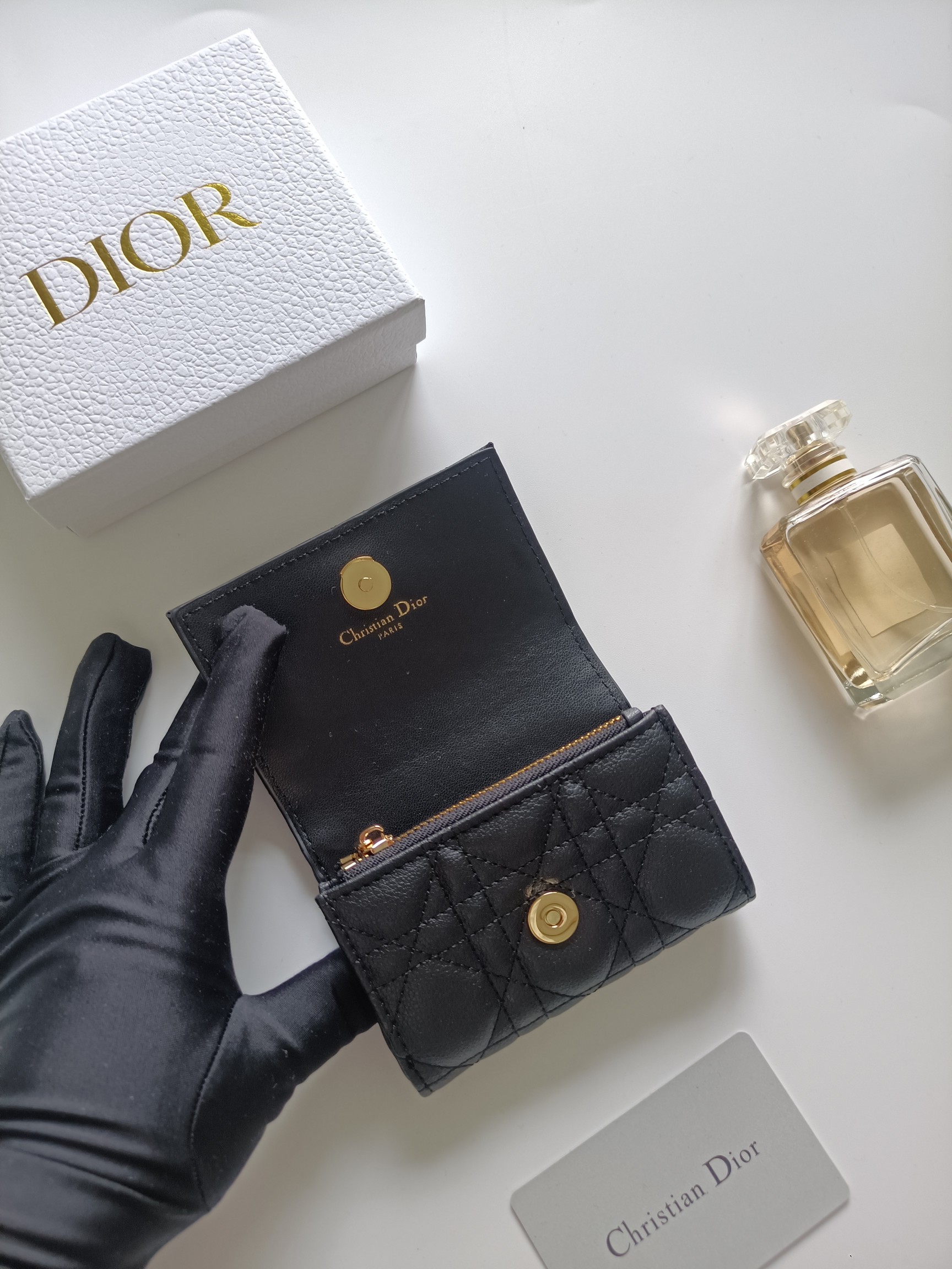 Dior Caro card holder black grained calfskin with gold-tone metal hardware 11x7 5x2 5cm