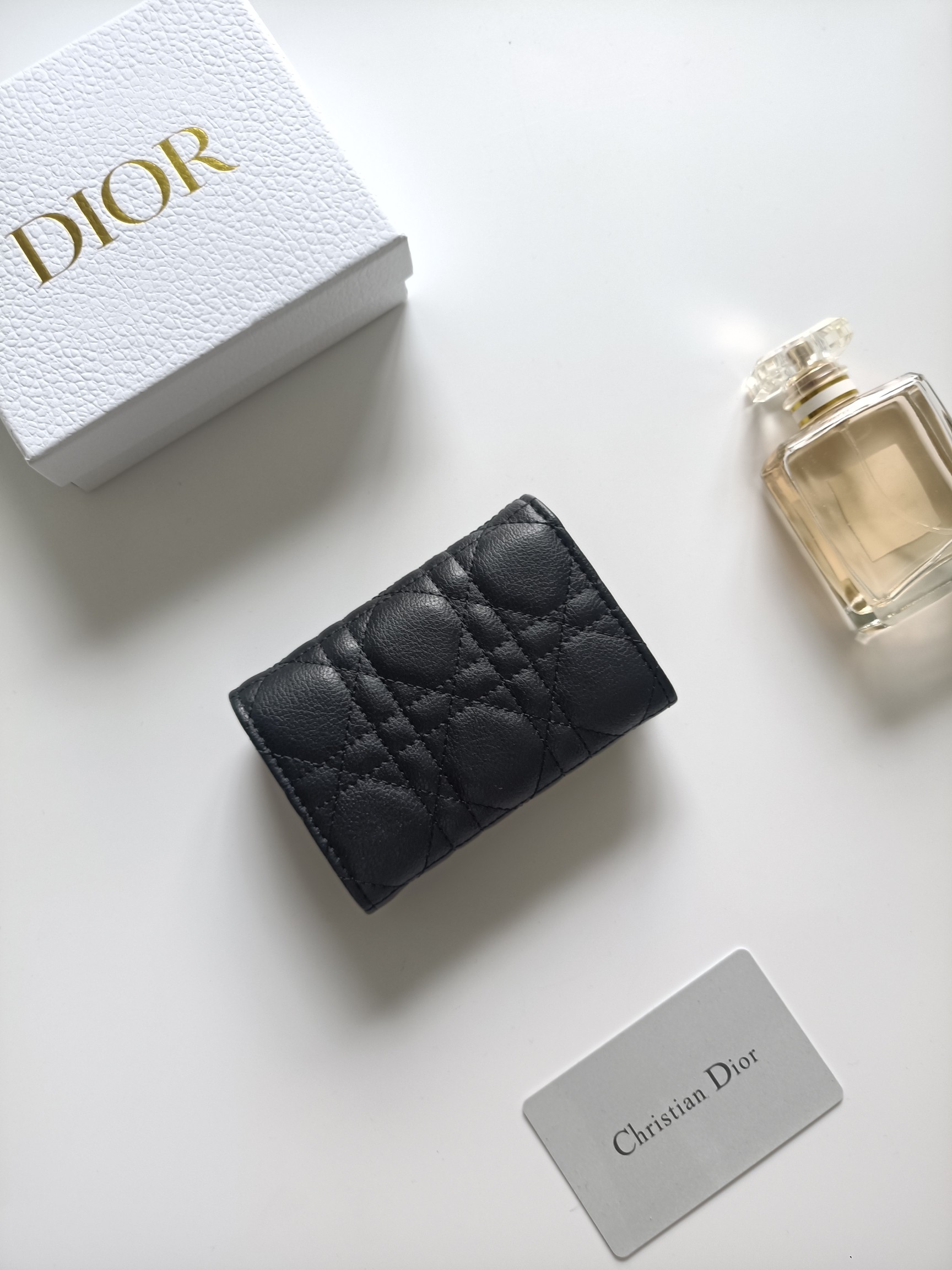 Dior Caro card holder black grained calfskin with gold-tone metal hardware 11x7 5x2 5cm