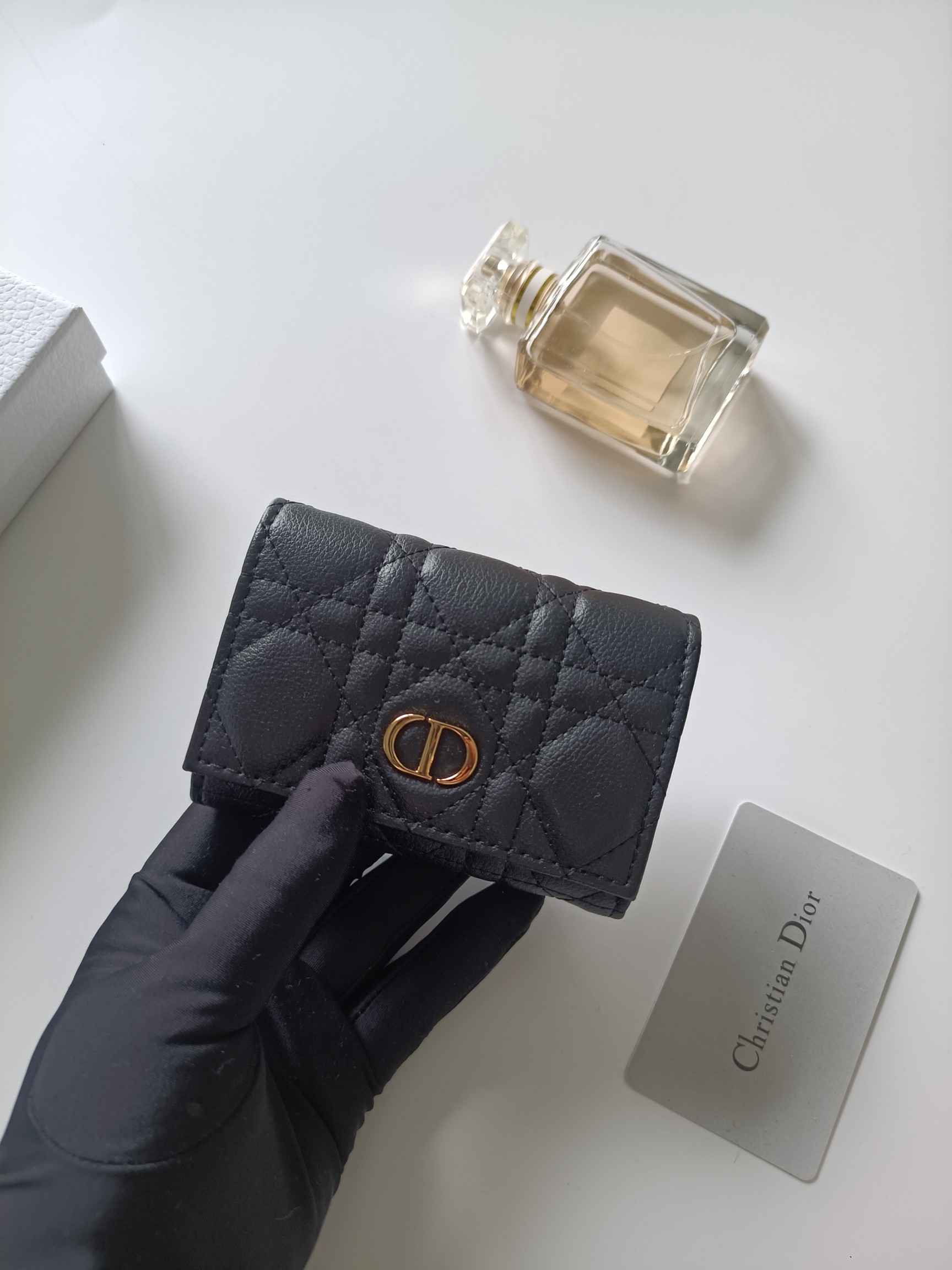 Dior Caro card holder black grained calfskin with gold-tone metal hardware 11x7 5x2 5cm