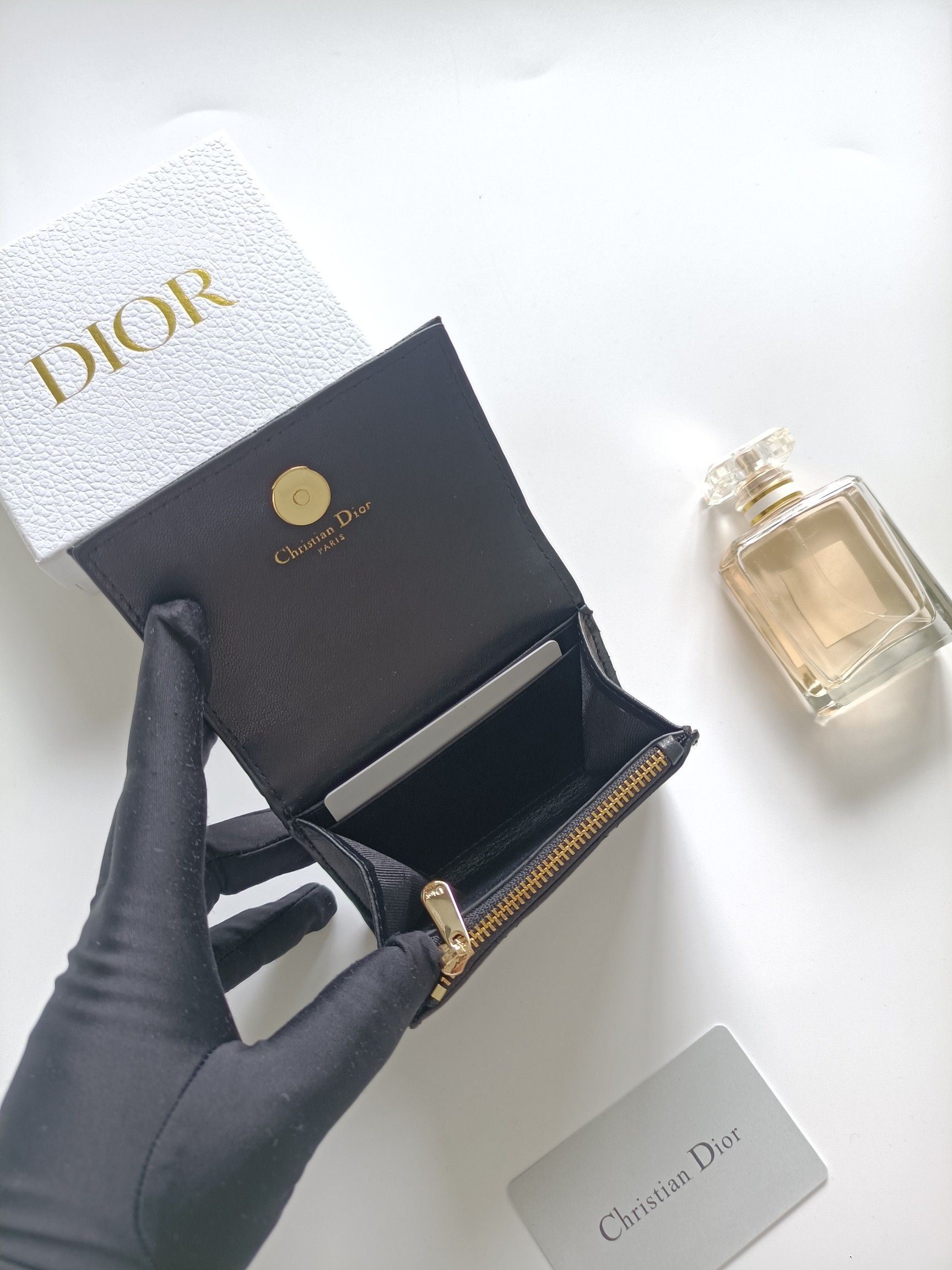 Dior Caro card holder black grained calfskin with gold-tone metal hardware 11x7 5x2 5cm