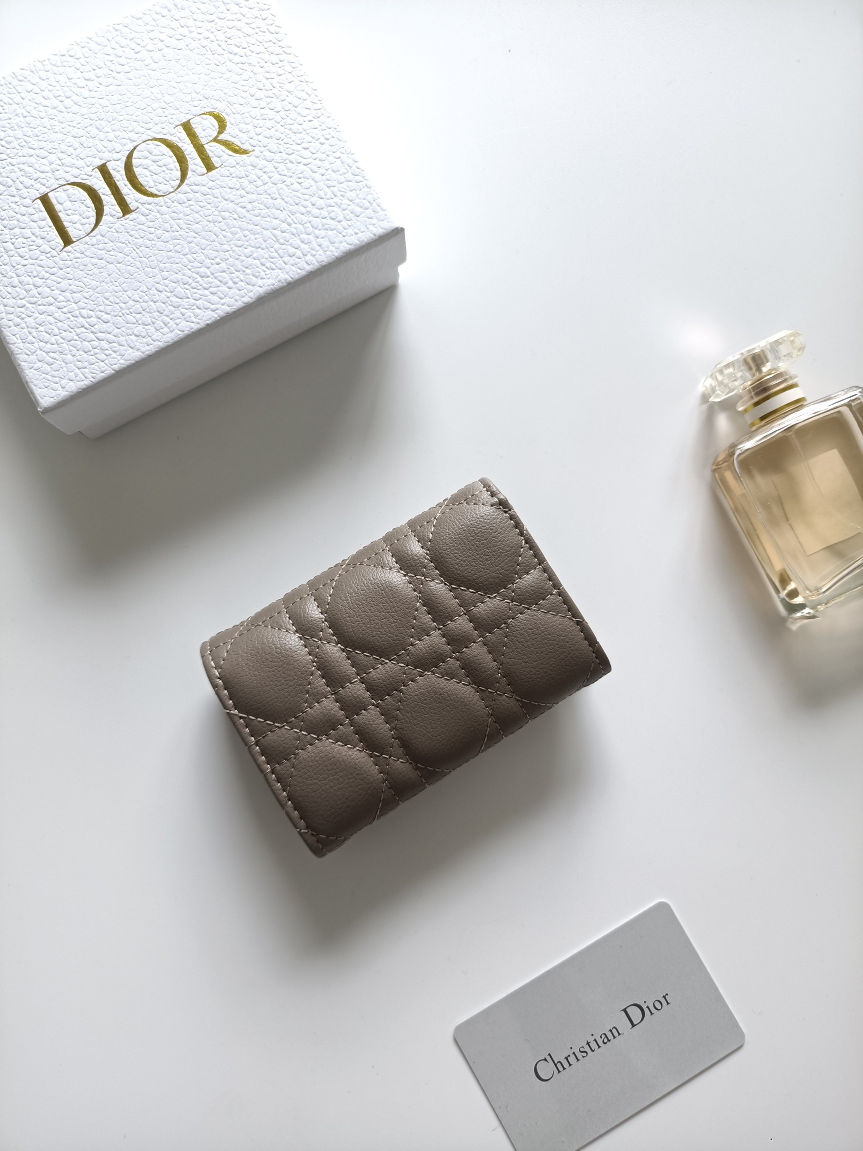 Dior Dior Caro wallet warm taupe grained calfskin leather with gold-tone metal hardware 11x7 5x2 5cm