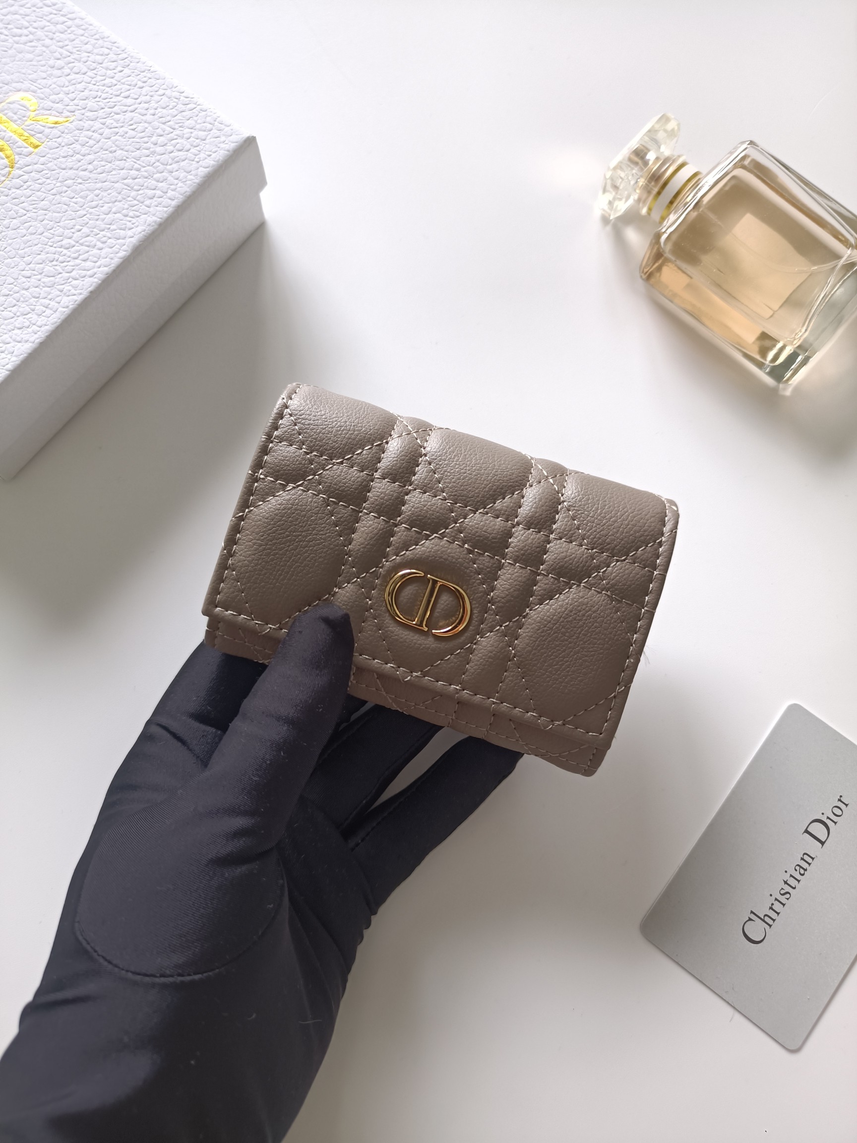 Dior Dior Caro wallet warm taupe grained calfskin leather with gold-tone metal hardware 11x7 5x2 5cm