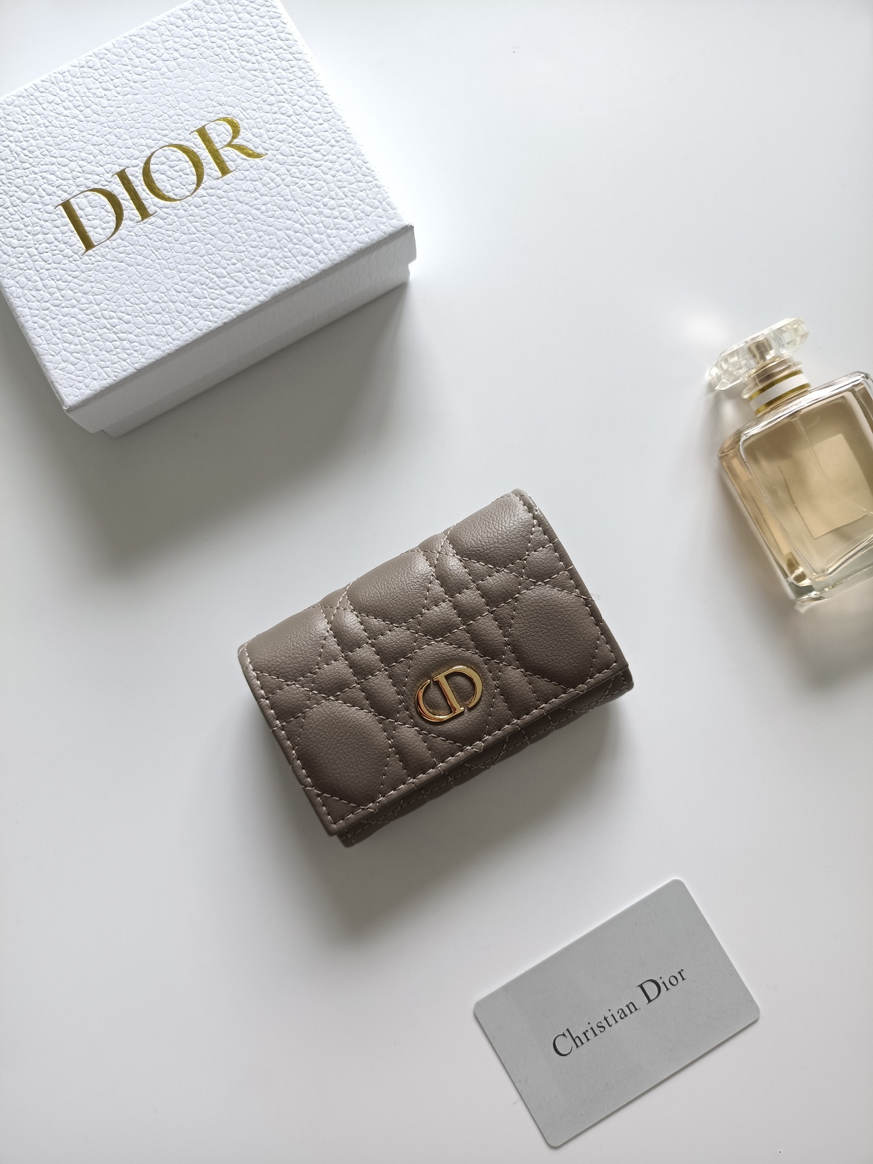 Dior Dior Caro wallet warm taupe grained calfskin leather with gold-tone metal hardware 11x7 5x2 5cm