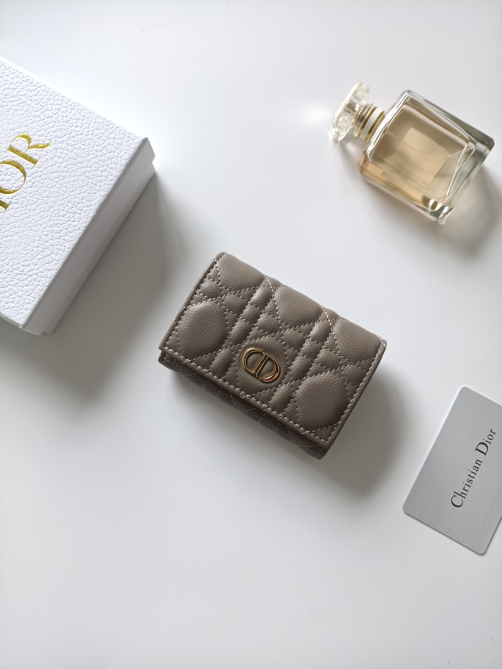 Dior Dior Caro wallet warm taupe grained calfskin leather with gold-tone metal hardware 11x7 5x2 5cm