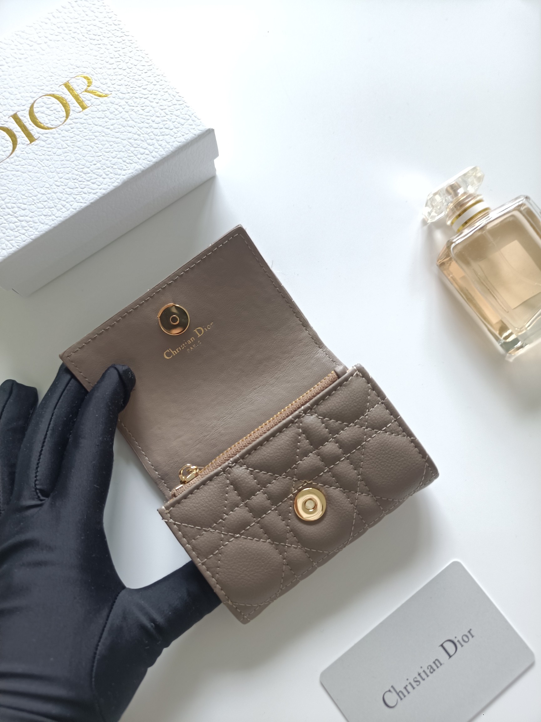 Dior Dior Caro wallet warm taupe grained calfskin leather with gold-tone metal hardware 11x7 5x2 5cm
