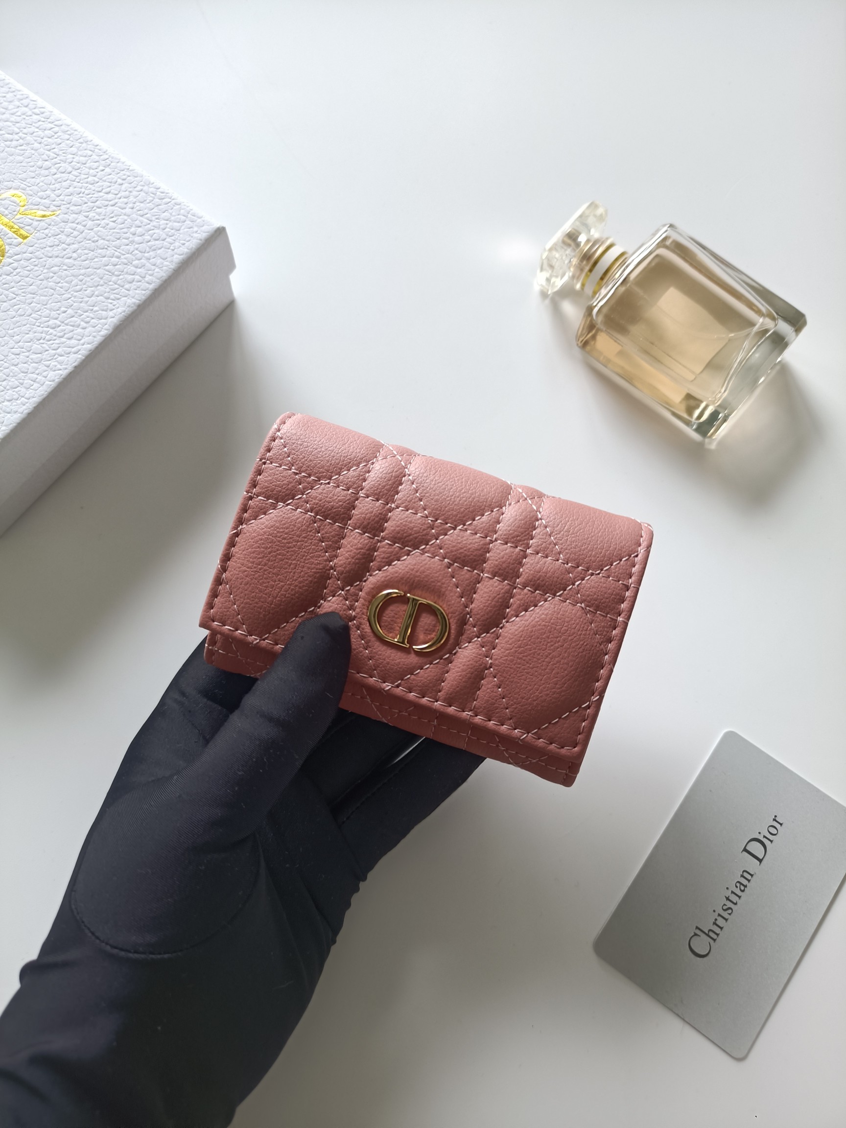 Dior Caro card holder blush pink grained calfskin with gold-tone metal hardware 11x7 5x2 5cm