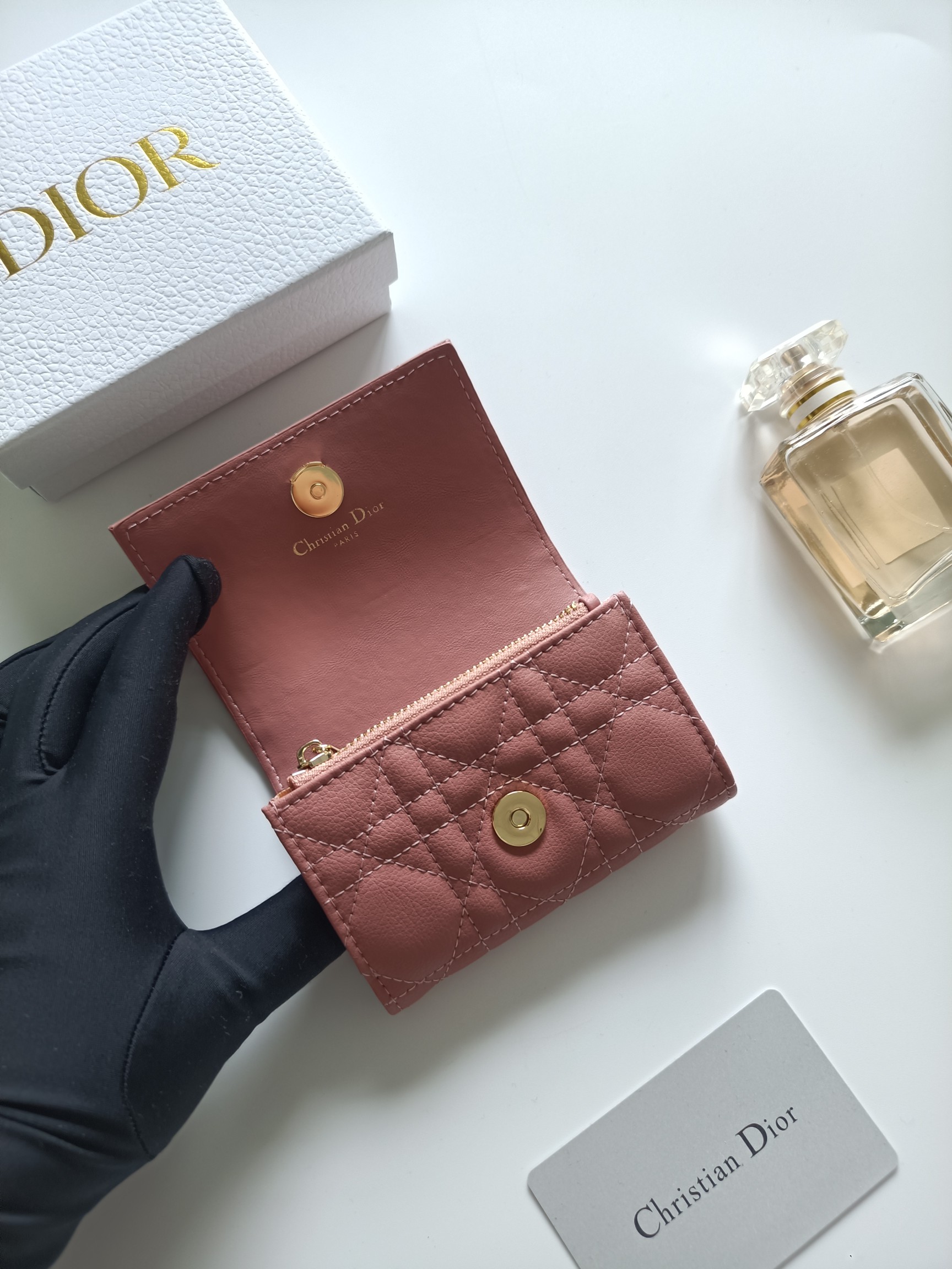 Dior Caro card holder blush pink grained calfskin with gold-tone metal hardware 11x7 5x2 5cm