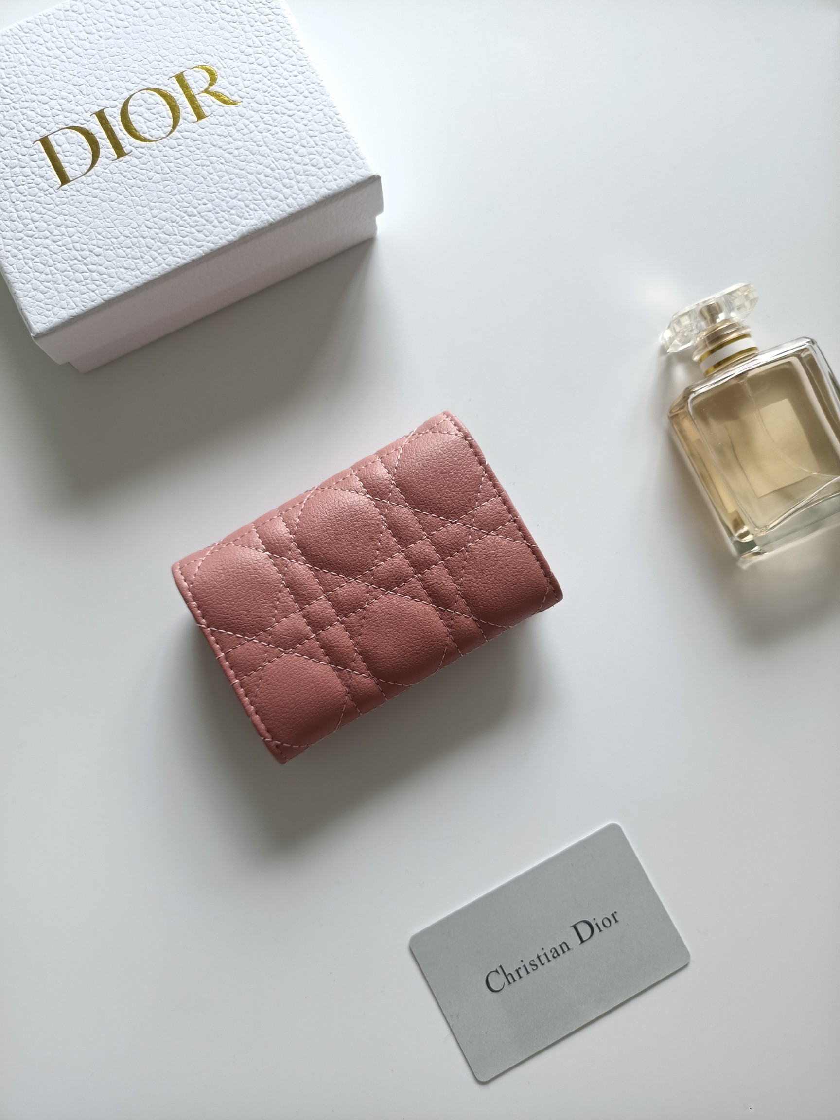 Dior Caro card holder blush pink grained calfskin with gold-tone metal hardware 11x7 5x2 5cm