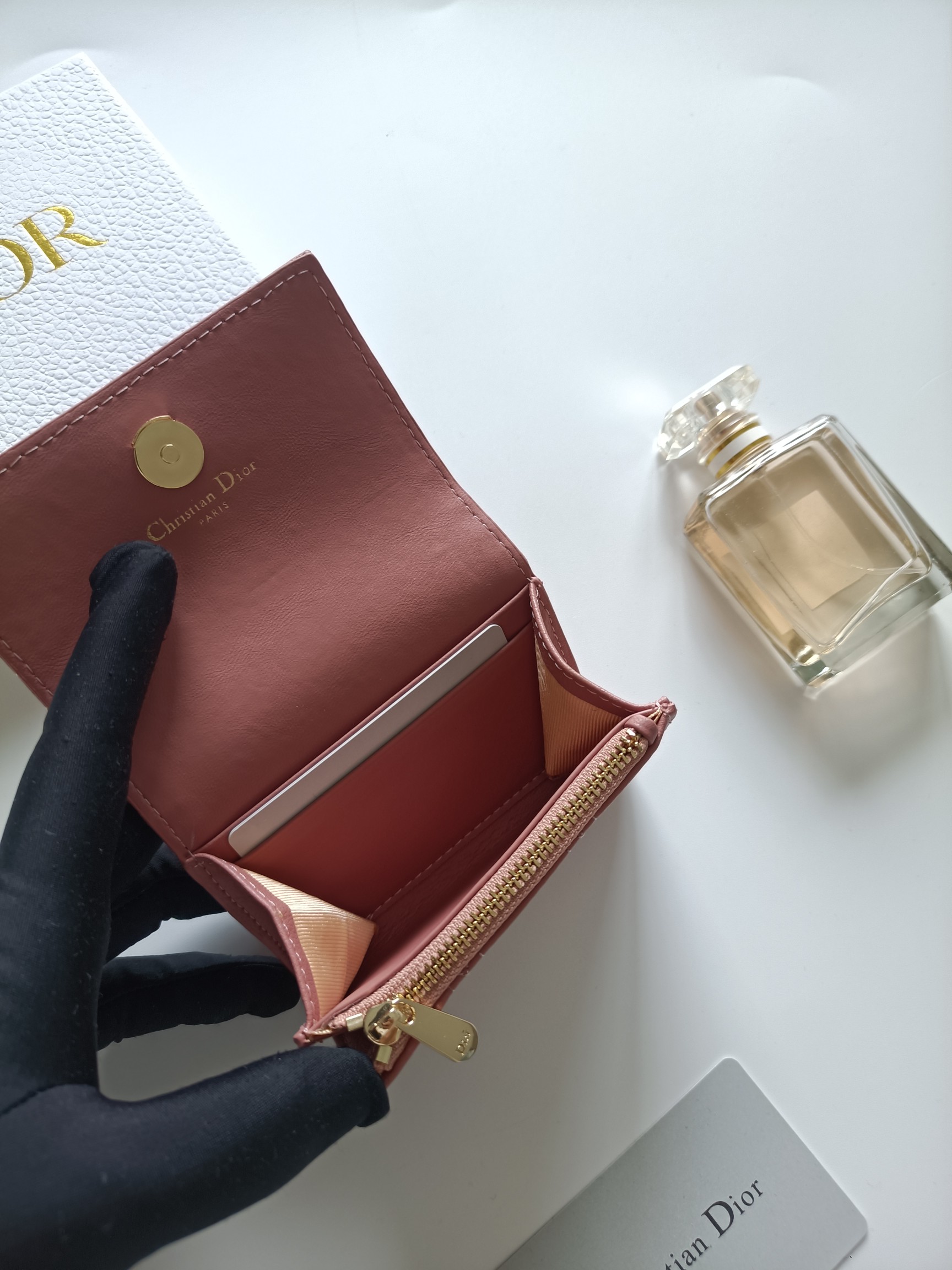 Dior Caro card holder blush pink grained calfskin with gold-tone metal hardware 11x7 5x2 5cm