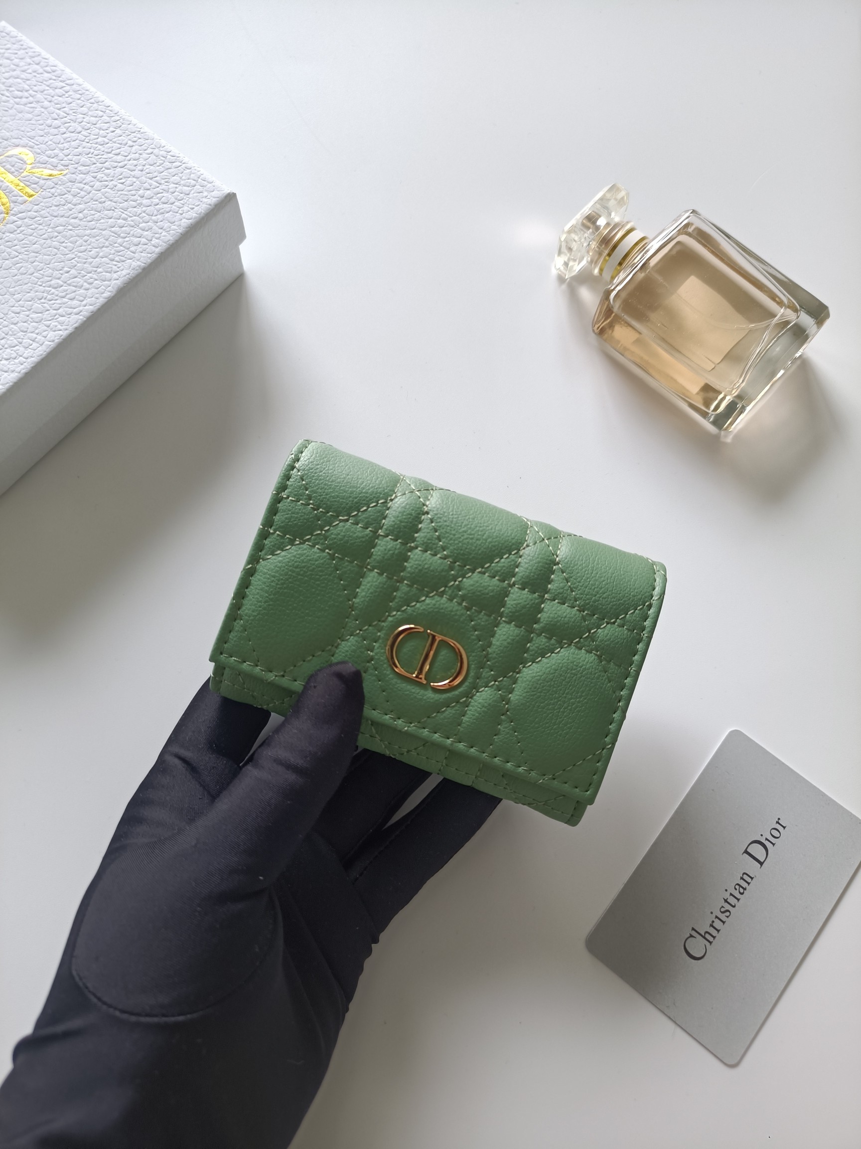 Dior Dior Caro card holder sage green grained calfskin with gold-tone metal hardware 11x7 5x2 5cm