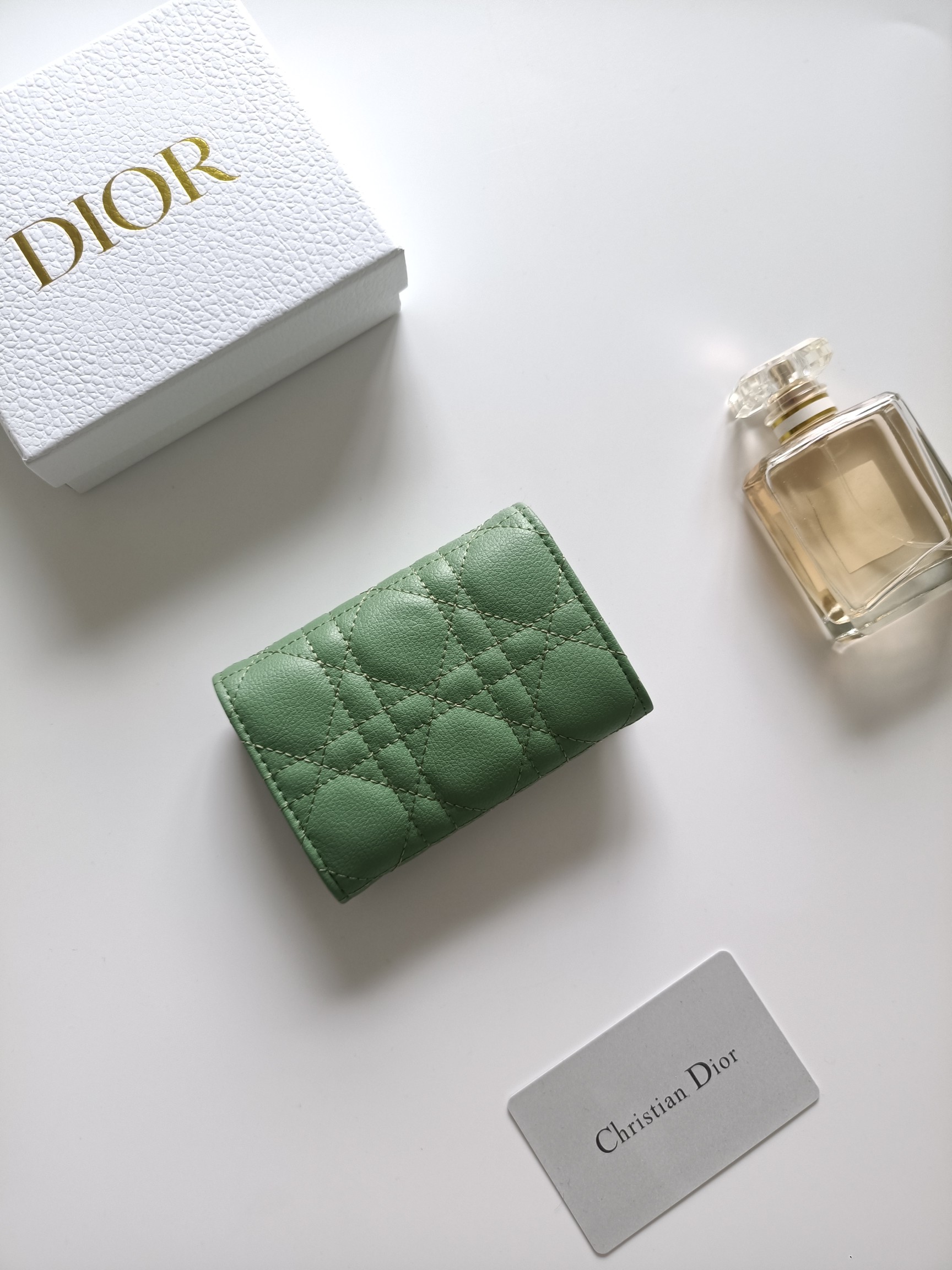 Dior Dior Caro card holder sage green grained calfskin with gold-tone metal hardware 11x7 5x2 5cm