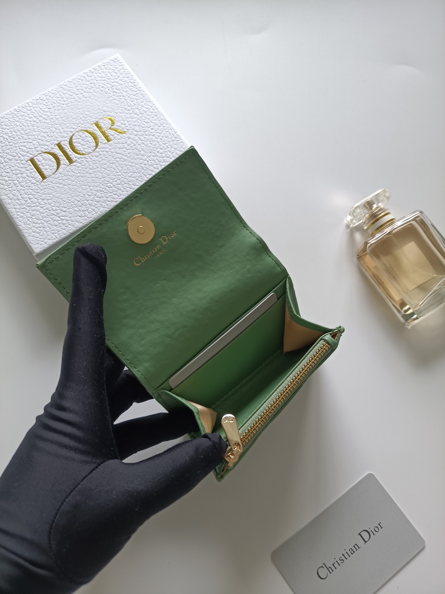 Dior Dior Caro card holder sage green grained calfskin with gold-tone metal hardware 11x7 5x2 5cm