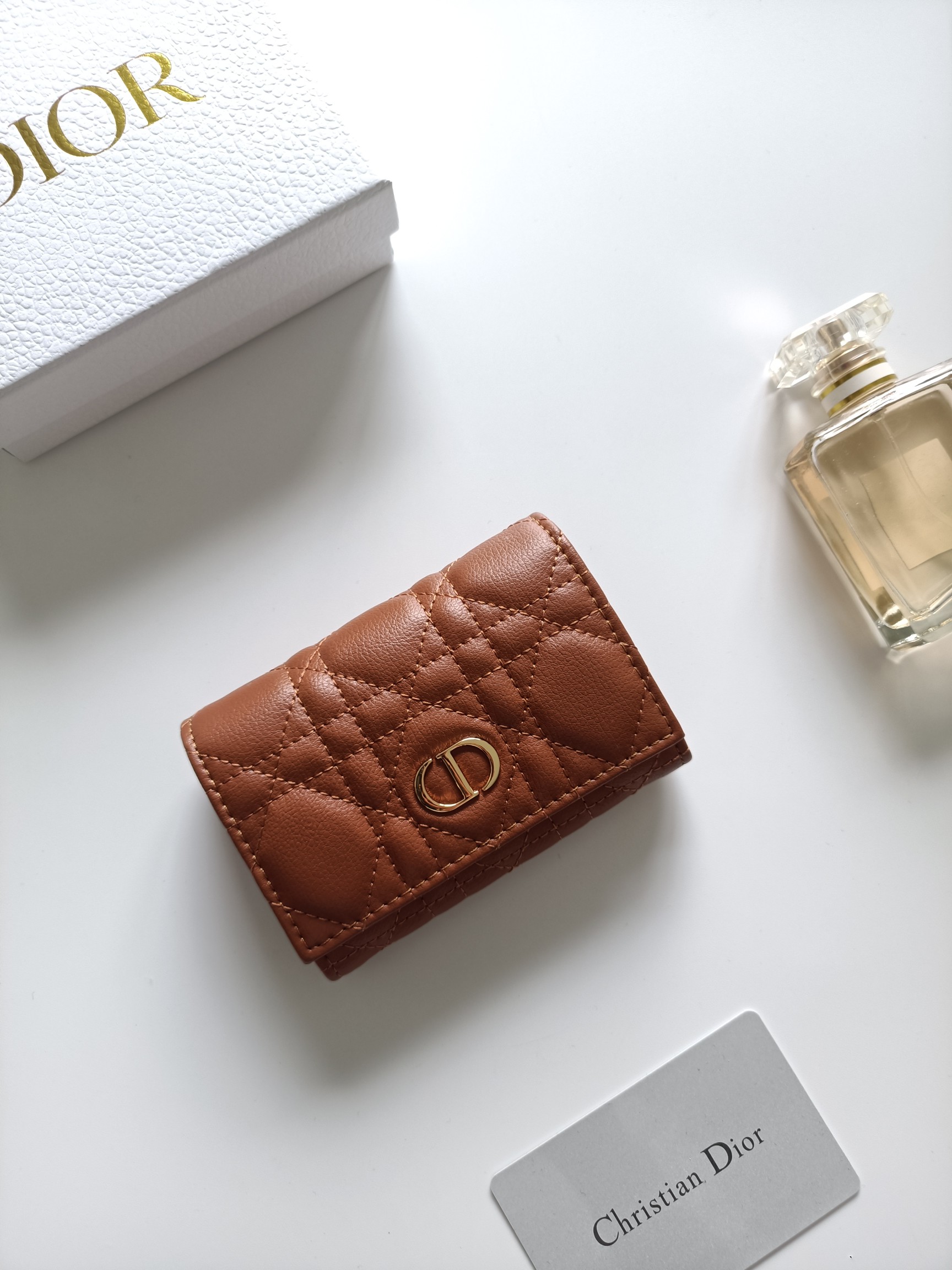 Christian Dior Dior Caro wallet Cognac brown grained calfskin leather with gold-tone metal hardware 11x7 5x2 5cm