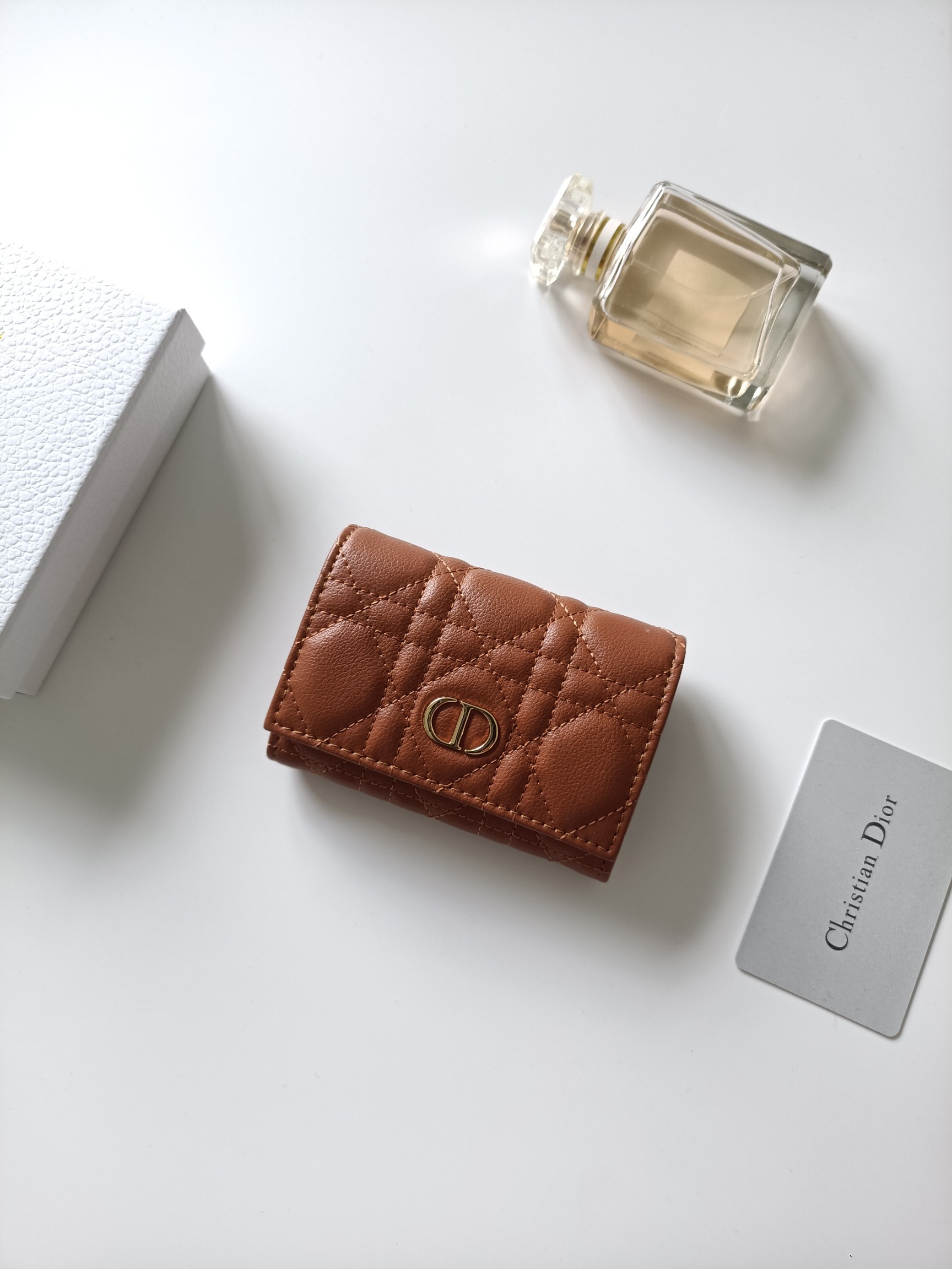 Christian Dior Dior Caro wallet Cognac brown grained calfskin leather with gold-tone metal hardware 11x7 5x2 5cm