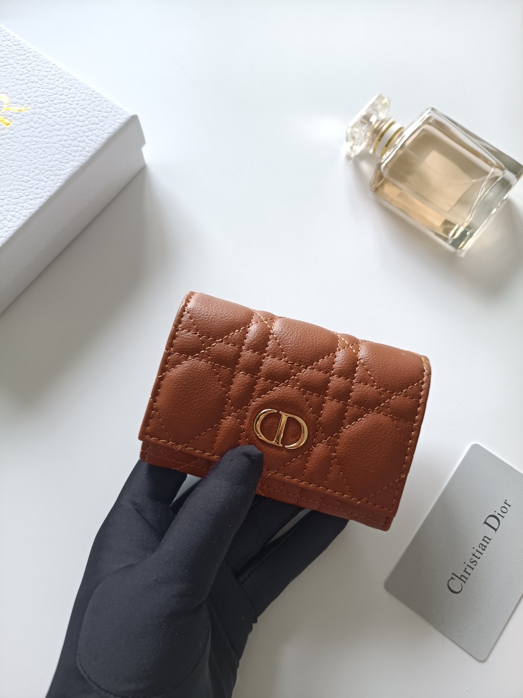 Christian Dior Dior Caro wallet Cognac brown grained calfskin leather with gold-tone metal hardware 11x7 5x2 5cm