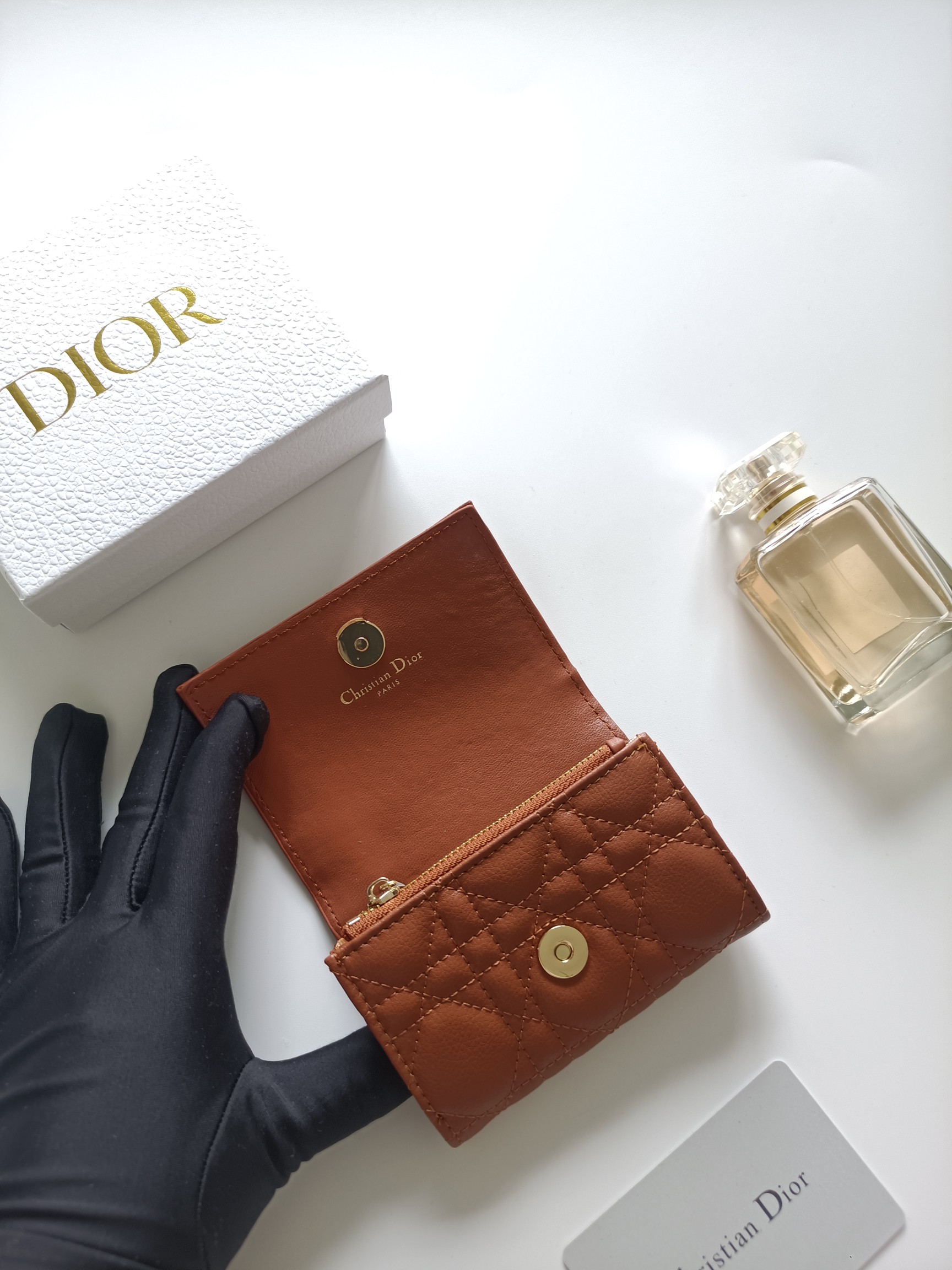 Christian Dior Dior Caro wallet Cognac brown grained calfskin leather with gold-tone metal hardware 11x7 5x2 5cm