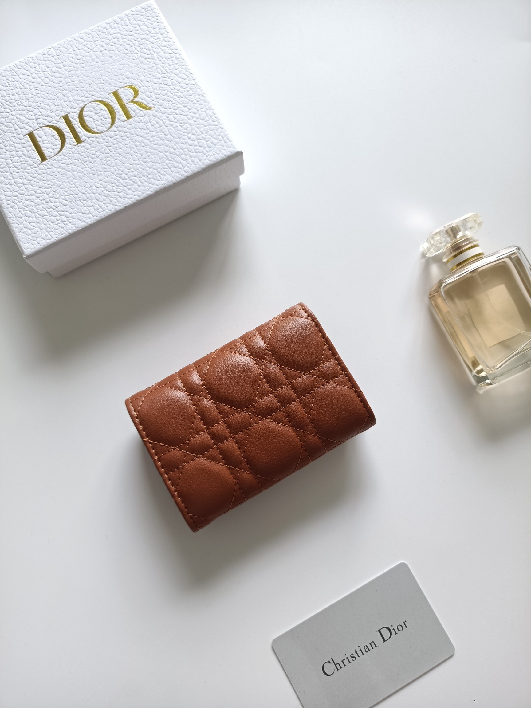 Christian Dior Dior Caro wallet Cognac brown grained calfskin leather with gold-tone metal hardware 11x7 5x2 5cm