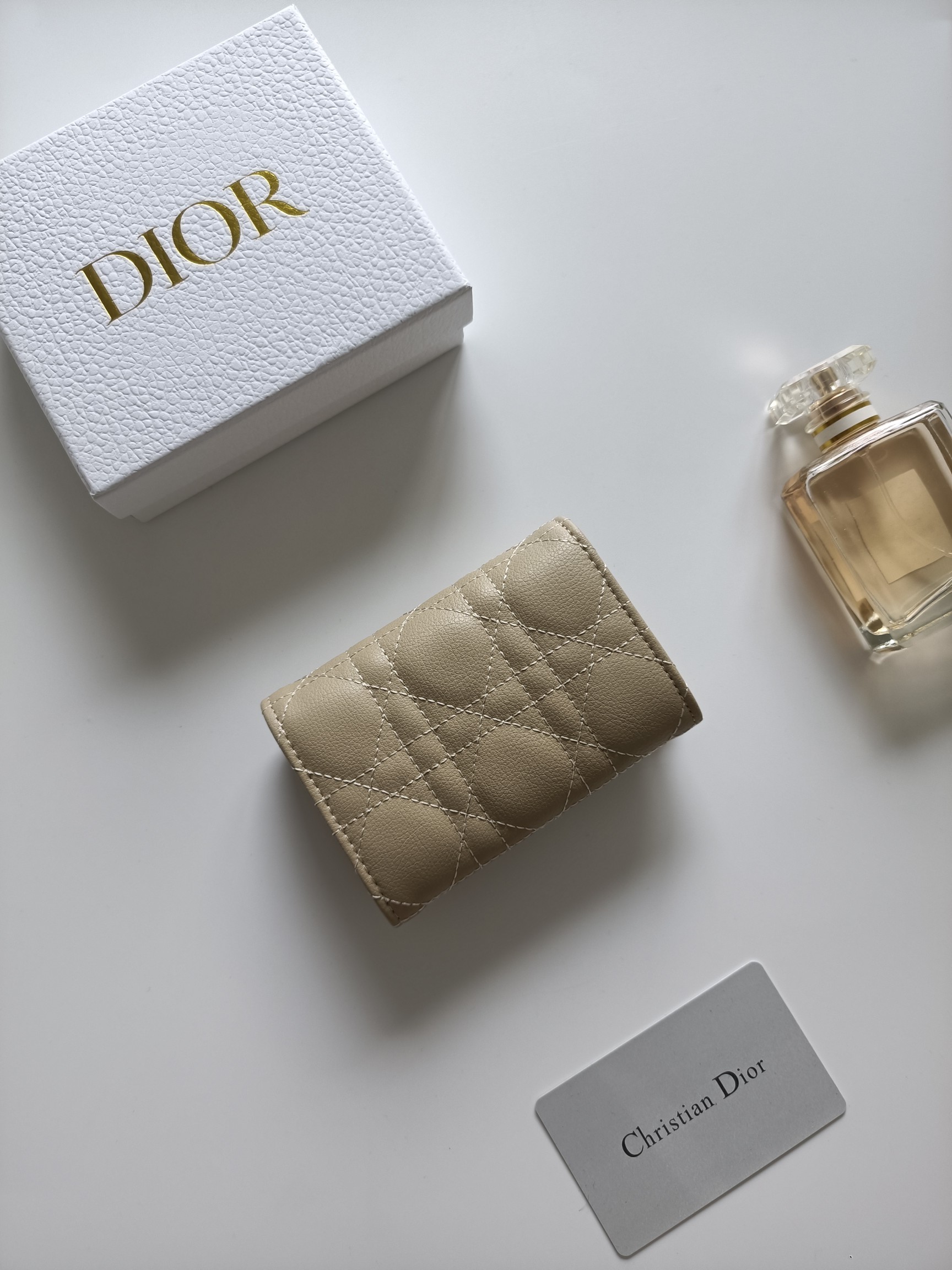 Dior Caro Quilted Card Holder pendant Beige grained calfskin leather with gold-tone metal hardware 11x7 5x2 5cm