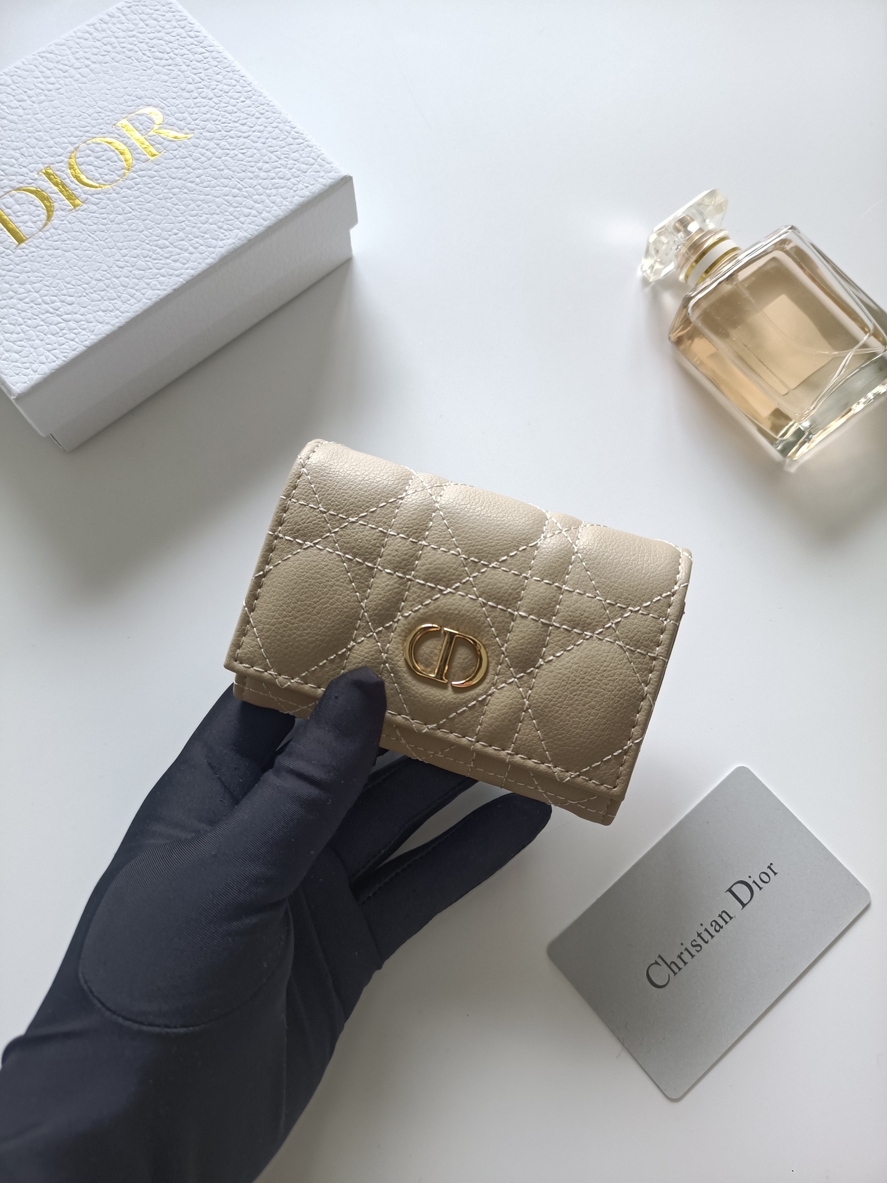 Dior Caro Quilted Card Holder pendant Beige grained calfskin leather with gold-tone metal hardware 11x7 5x2 5cm
