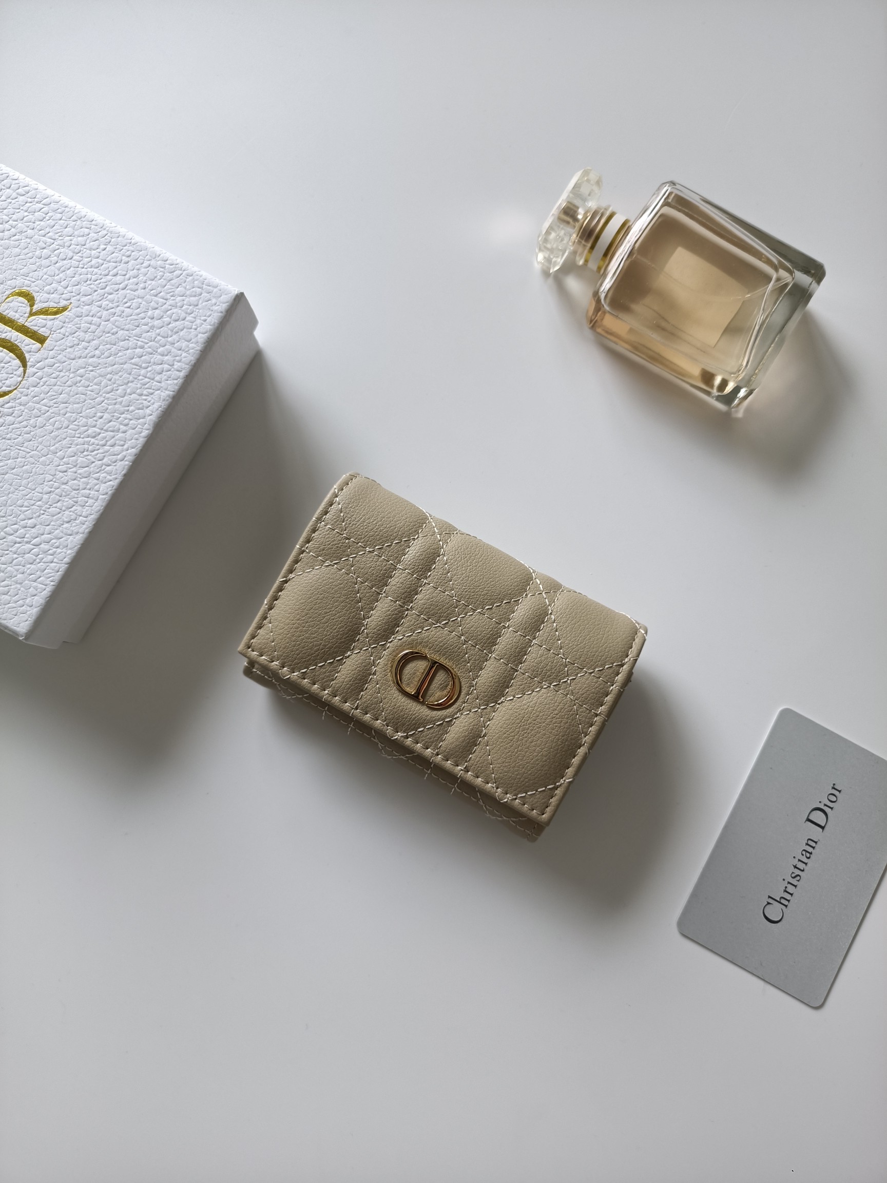 Dior Caro Quilted Card Holder pendant Beige grained calfskin leather with gold-tone metal hardware 11x7 5x2 5cm