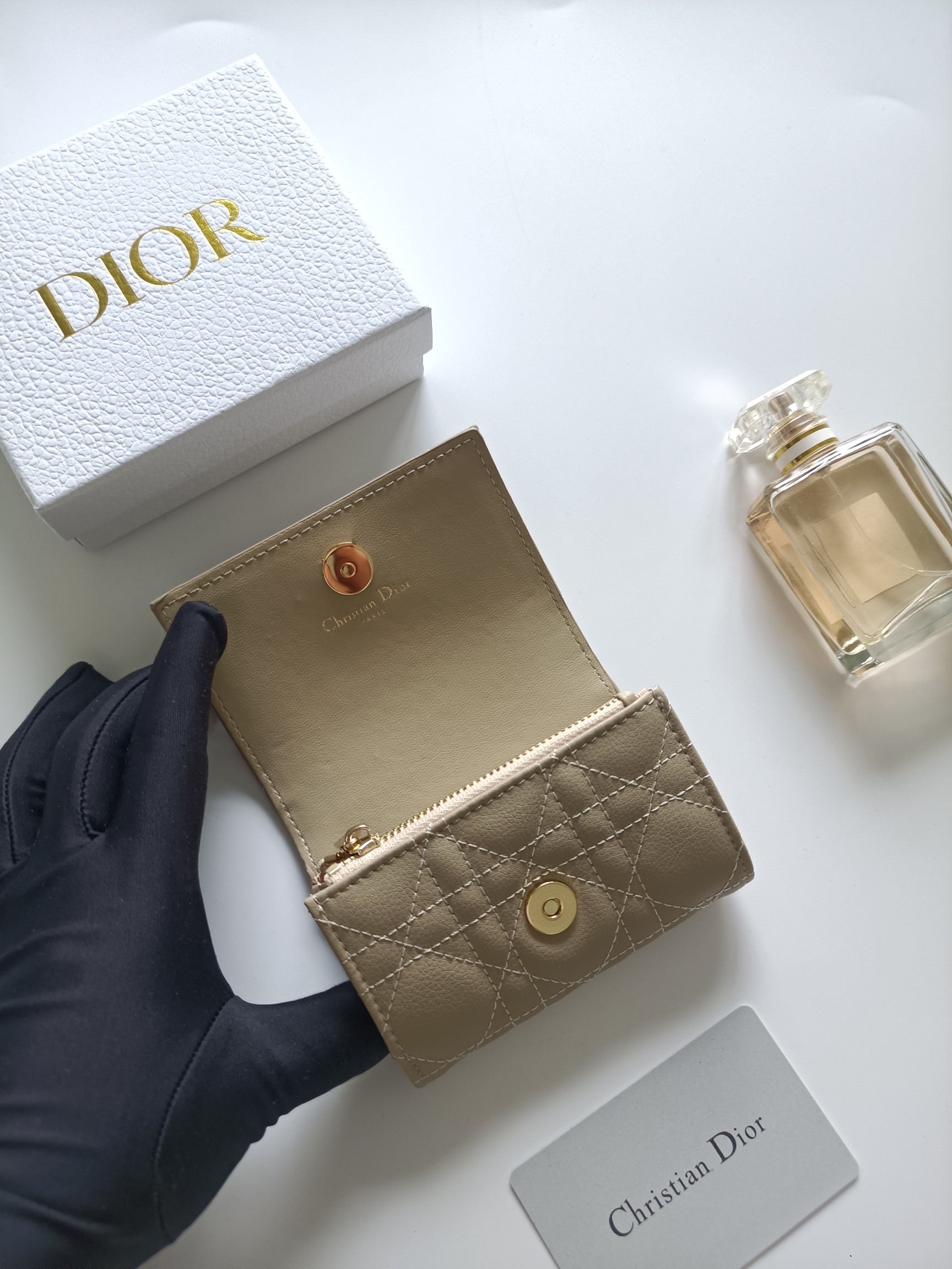 Dior Caro Quilted Card Holder pendant Beige grained calfskin leather with gold-tone metal hardware 11x7 5x2 5cm
