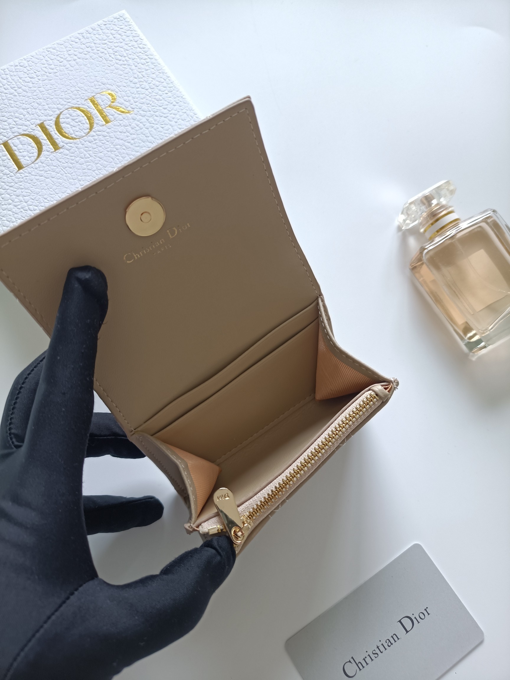 Dior Caro Quilted Card Holder pendant Beige grained calfskin leather with gold-tone metal hardware 11x7 5x2 5cm