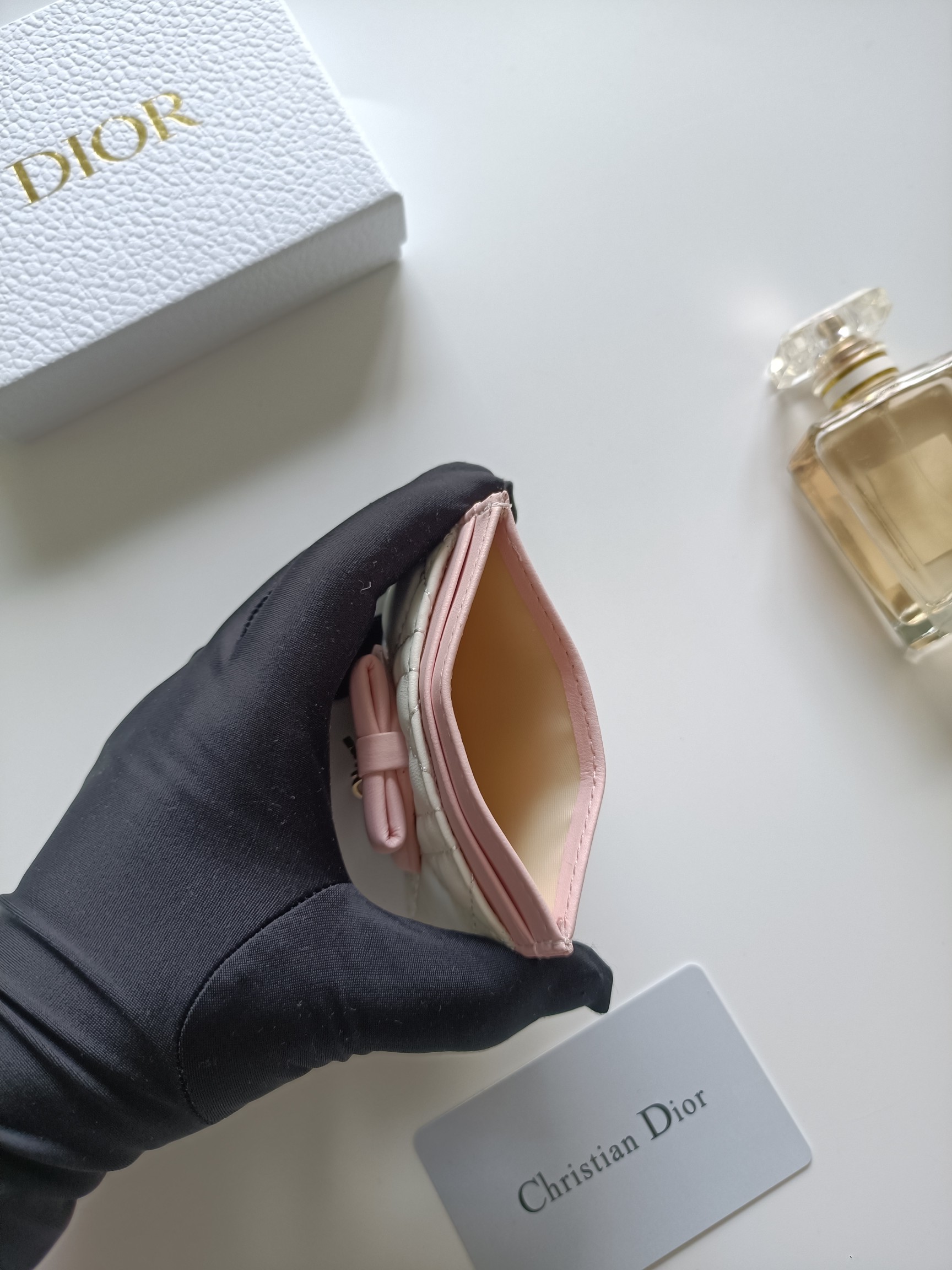 Christian Dior Lady Dior card holder Ivory and blush pink lambskin with gold-tone metal hardware 10 5 8 0 5cm