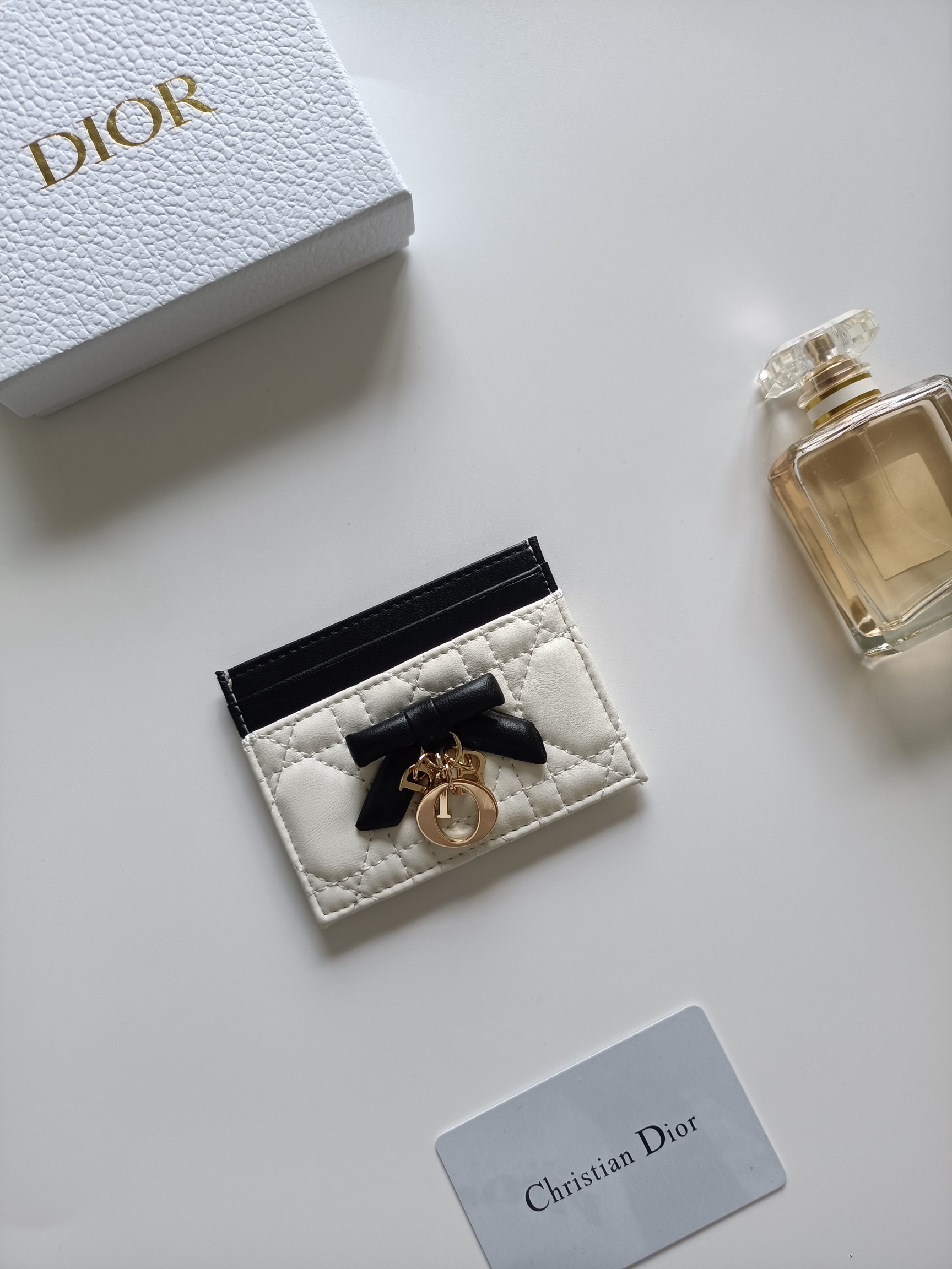 Dior Lady Dior card holder white and black lambskin with gold-tone metal hardware 10 5cm x 8cm x 0