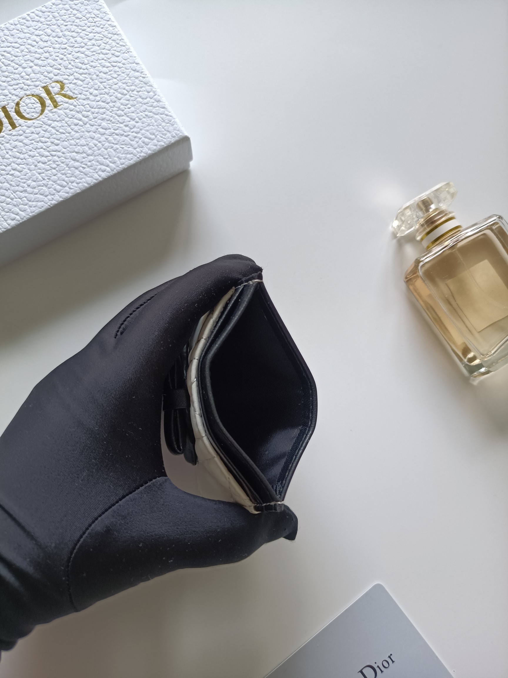 Dior Lady Dior card holder white and black lambskin with gold-tone metal hardware 10 5cm x 8cm x 0