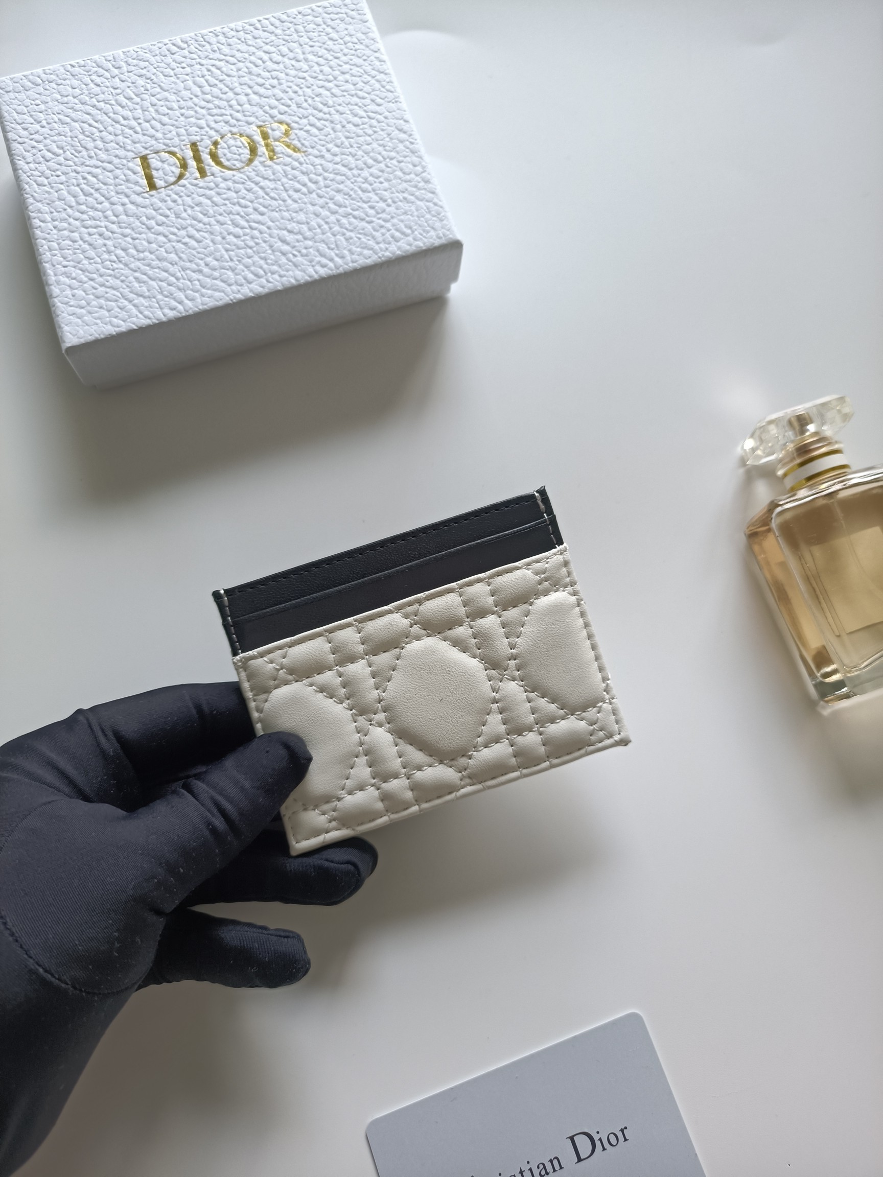 Dior Lady Dior card holder white and black lambskin with gold-tone metal hardware 10 5cm x 8cm x 0
