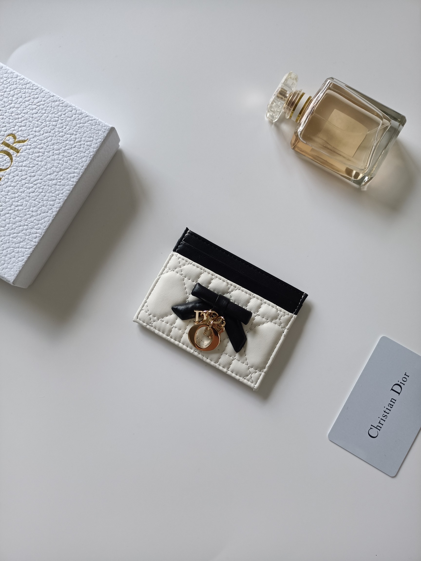 Dior Lady Dior card holder white and black lambskin with gold-tone metal hardware 10 5cm x 8cm x 0